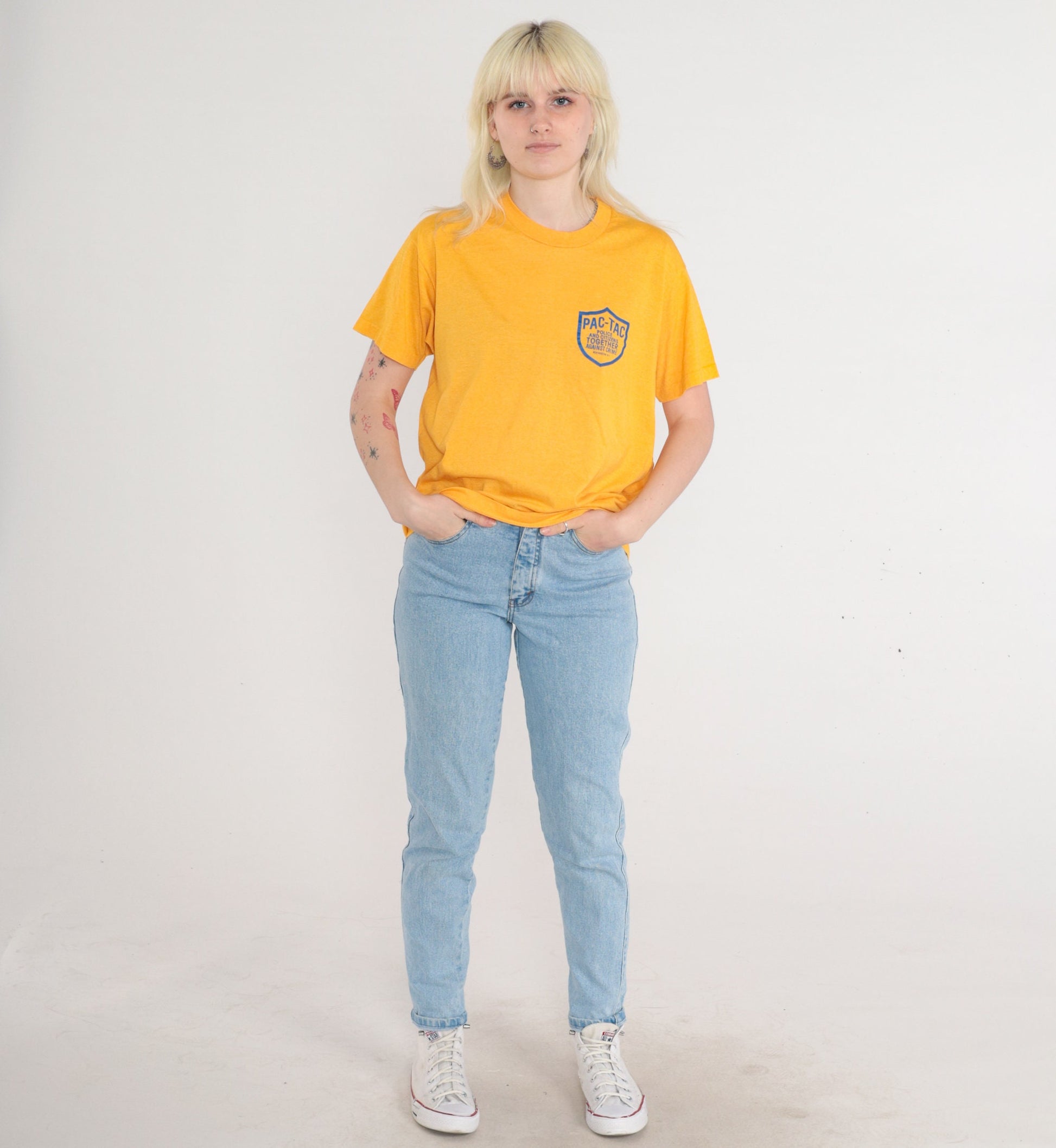 80s Rochester PAC-TAC Police Graphic T-Shirt Yellow Single Stitch Medium