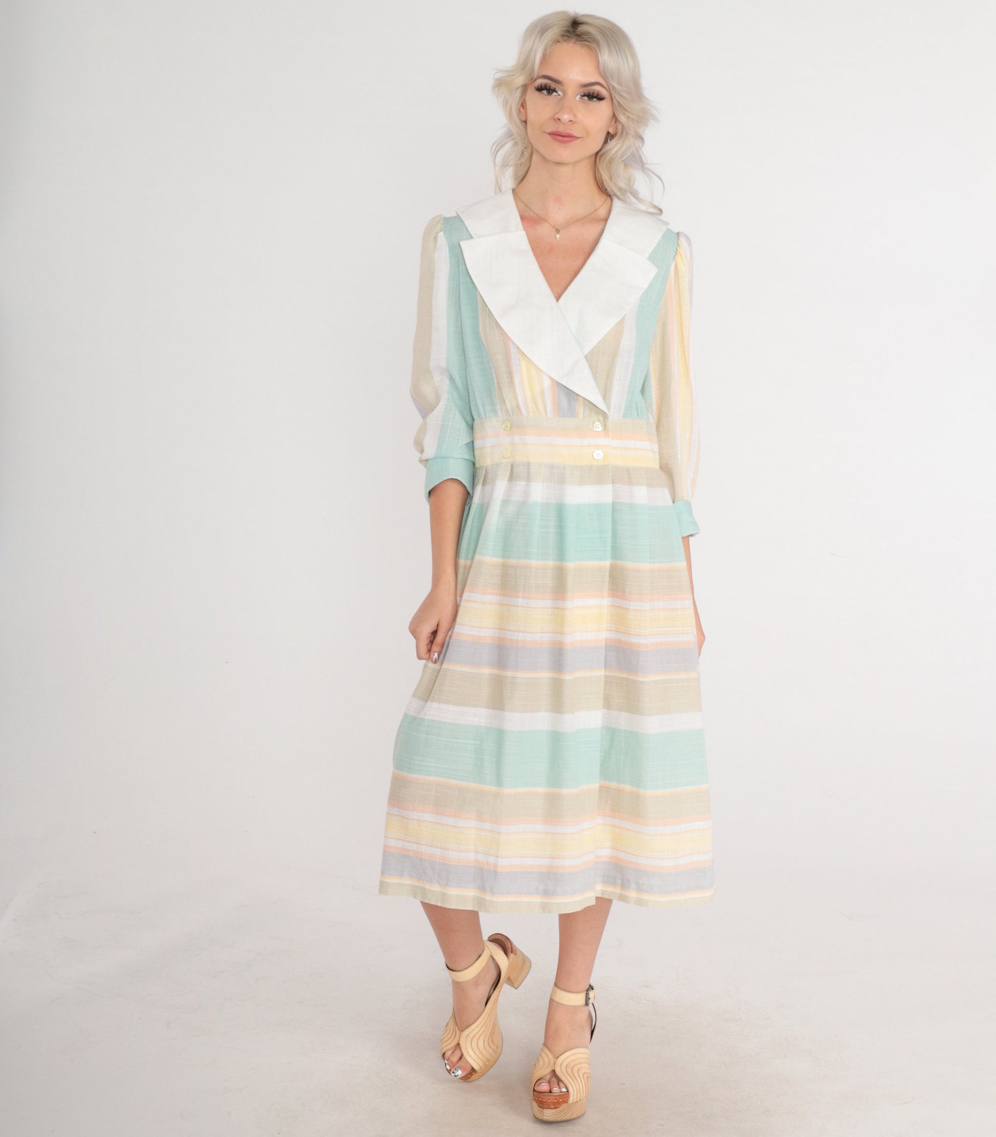 80s Striped Wrap Midi Dress Puff Sleeve Layered Collar Button Up Medium Large