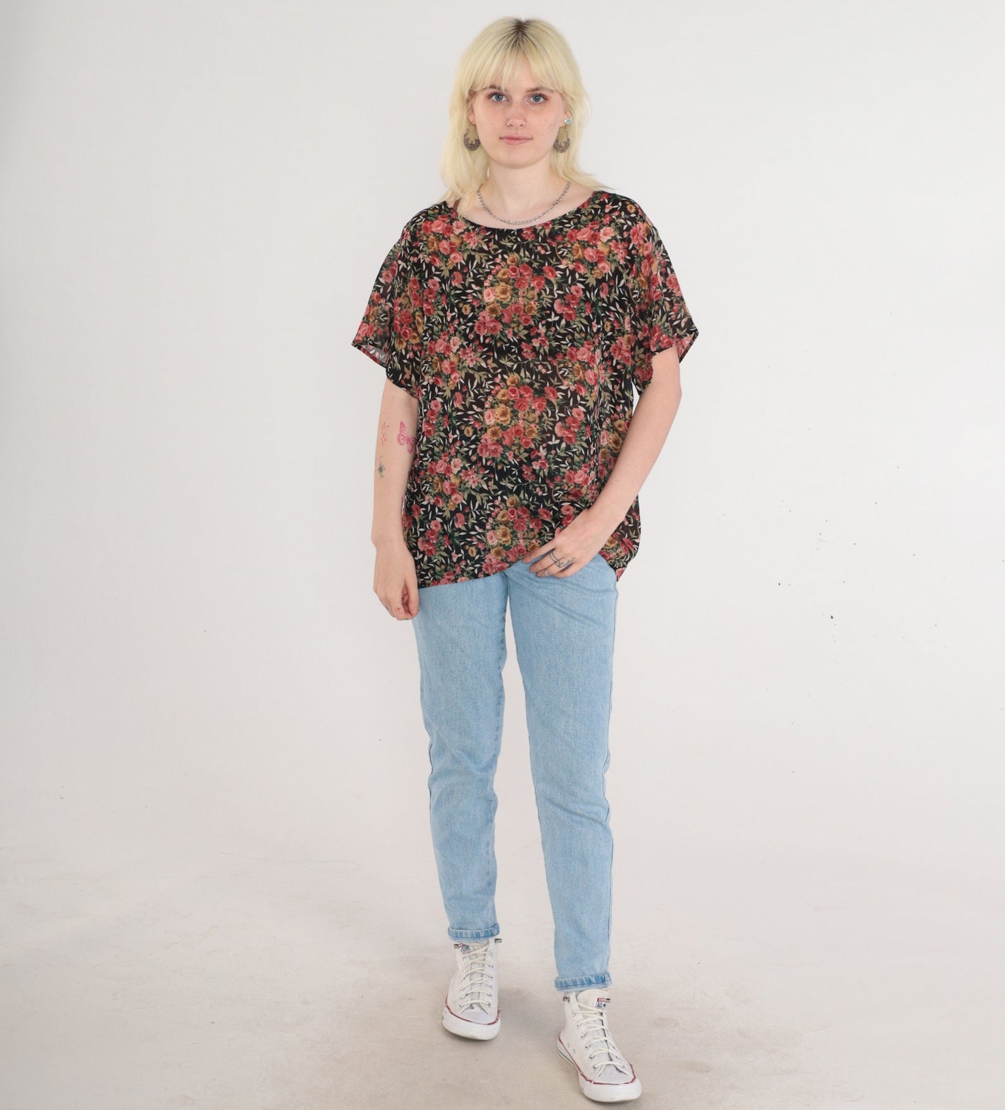 90s Black Floral Rose Print Blouse Short Sleeve Top Large L