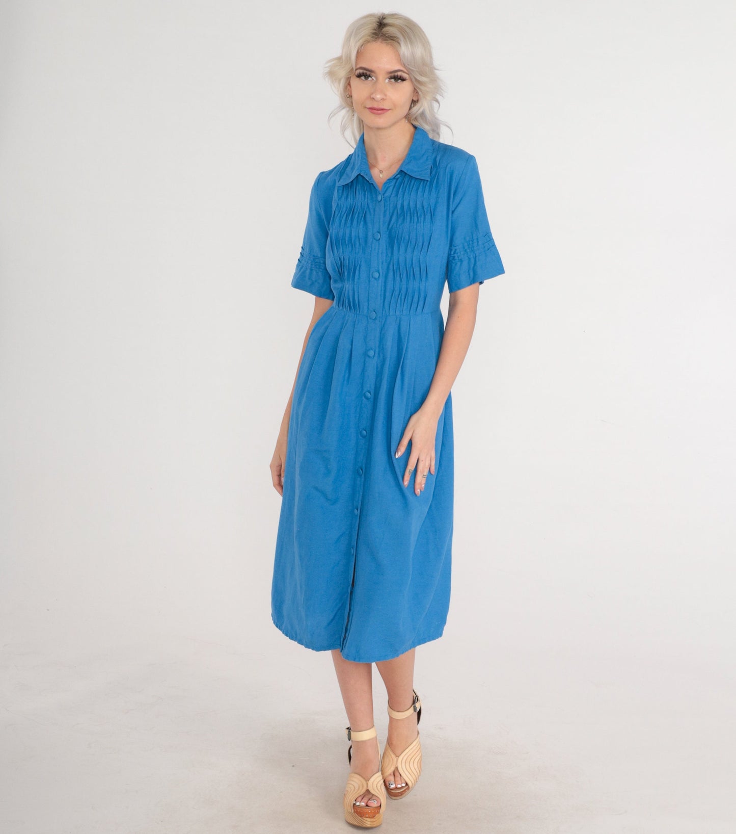 90s Coldwater Creek Blue Midi Shirtdress Pleated High Waisted Small S