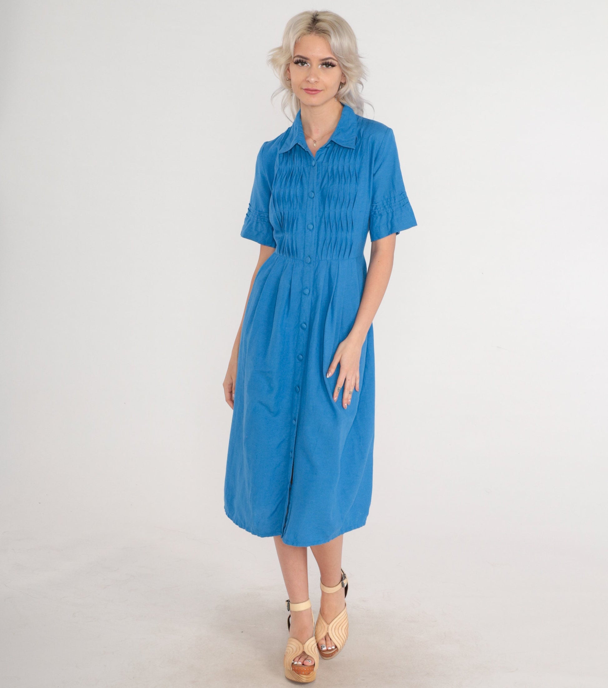 90s Coldwater Creek Blue Midi Shirtdress Pleated High Waisted Small S