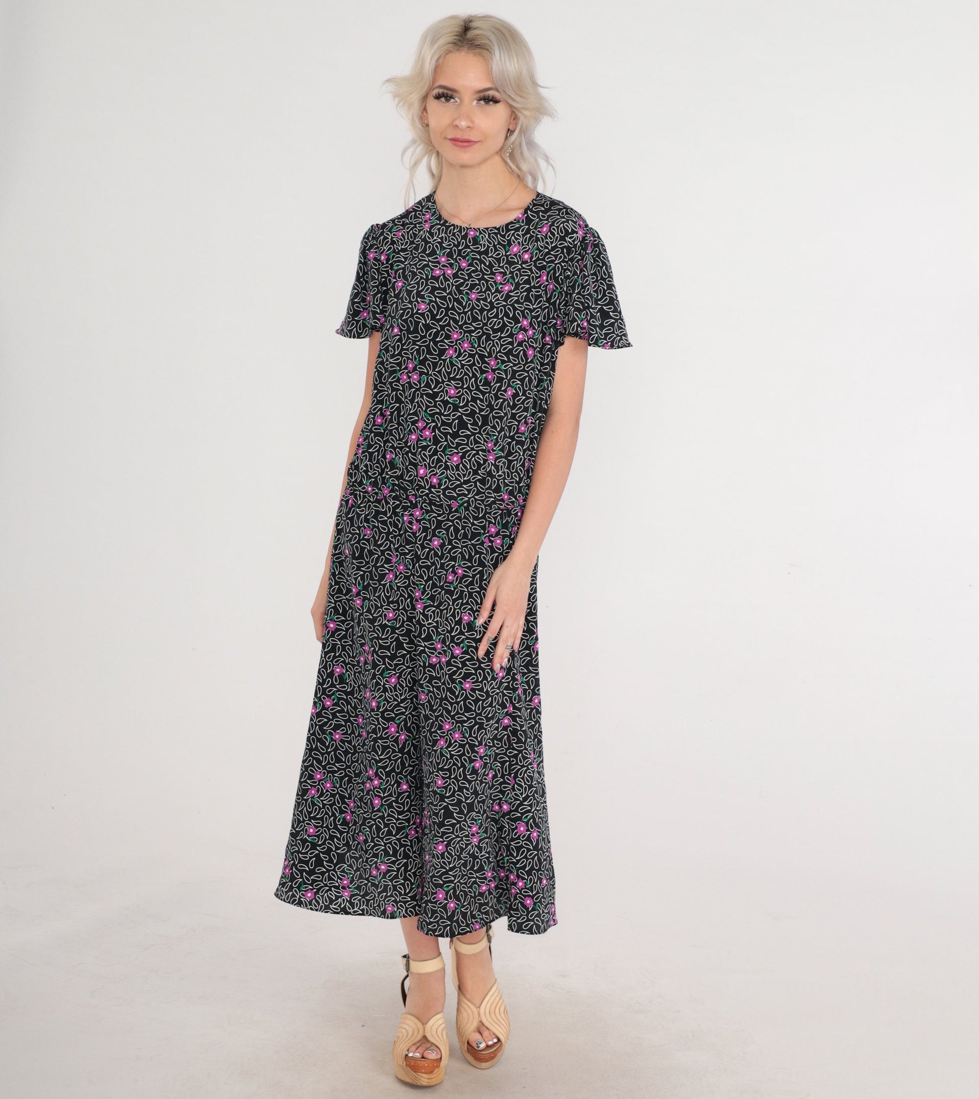 80s Black Paisley Floral Midi Dress Flutter Sleeve Keyhole Back Medium