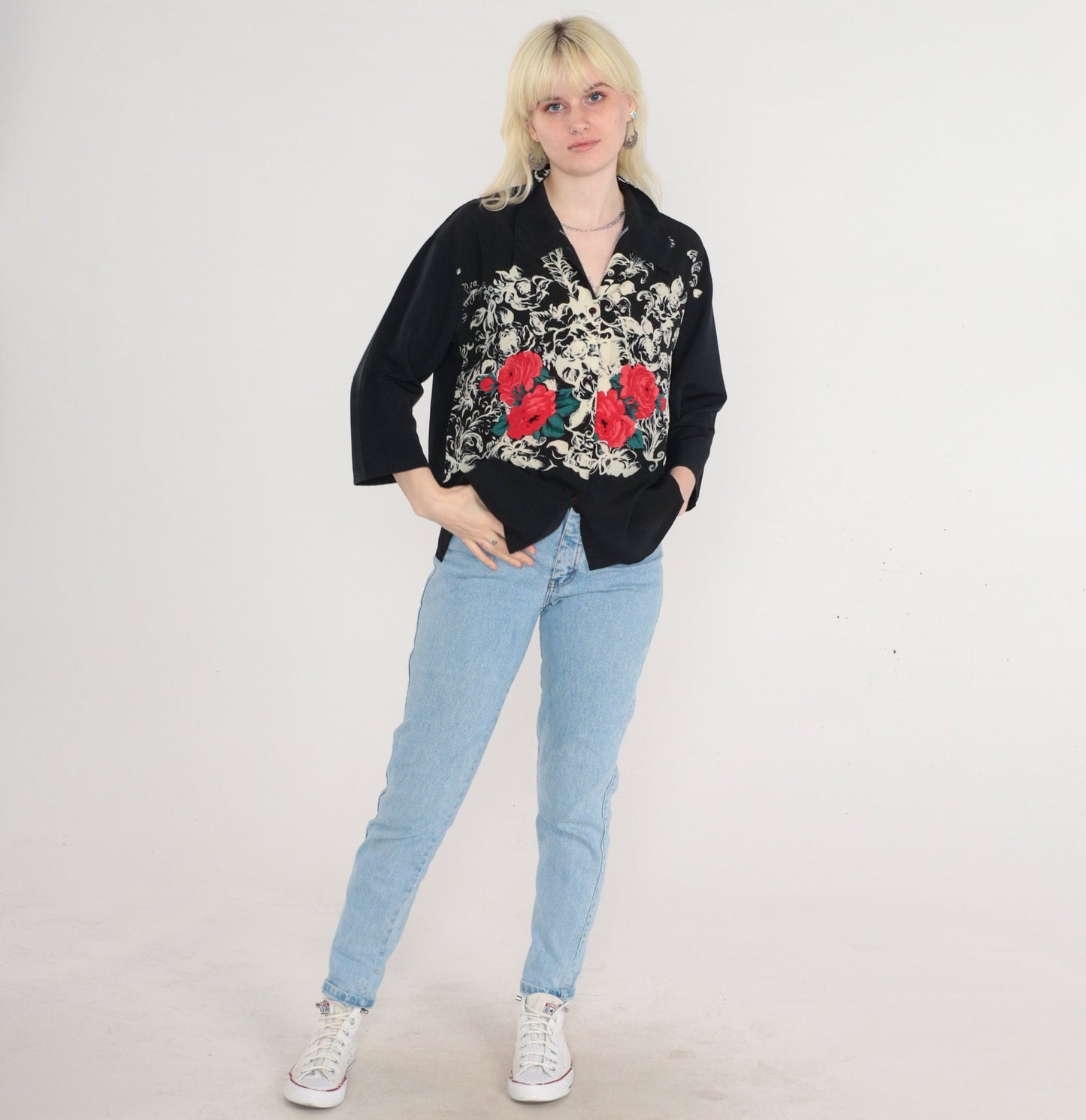 80s Black Floral Rose Print Button-Up Blouse 3/4 Sleeve Collared Medium