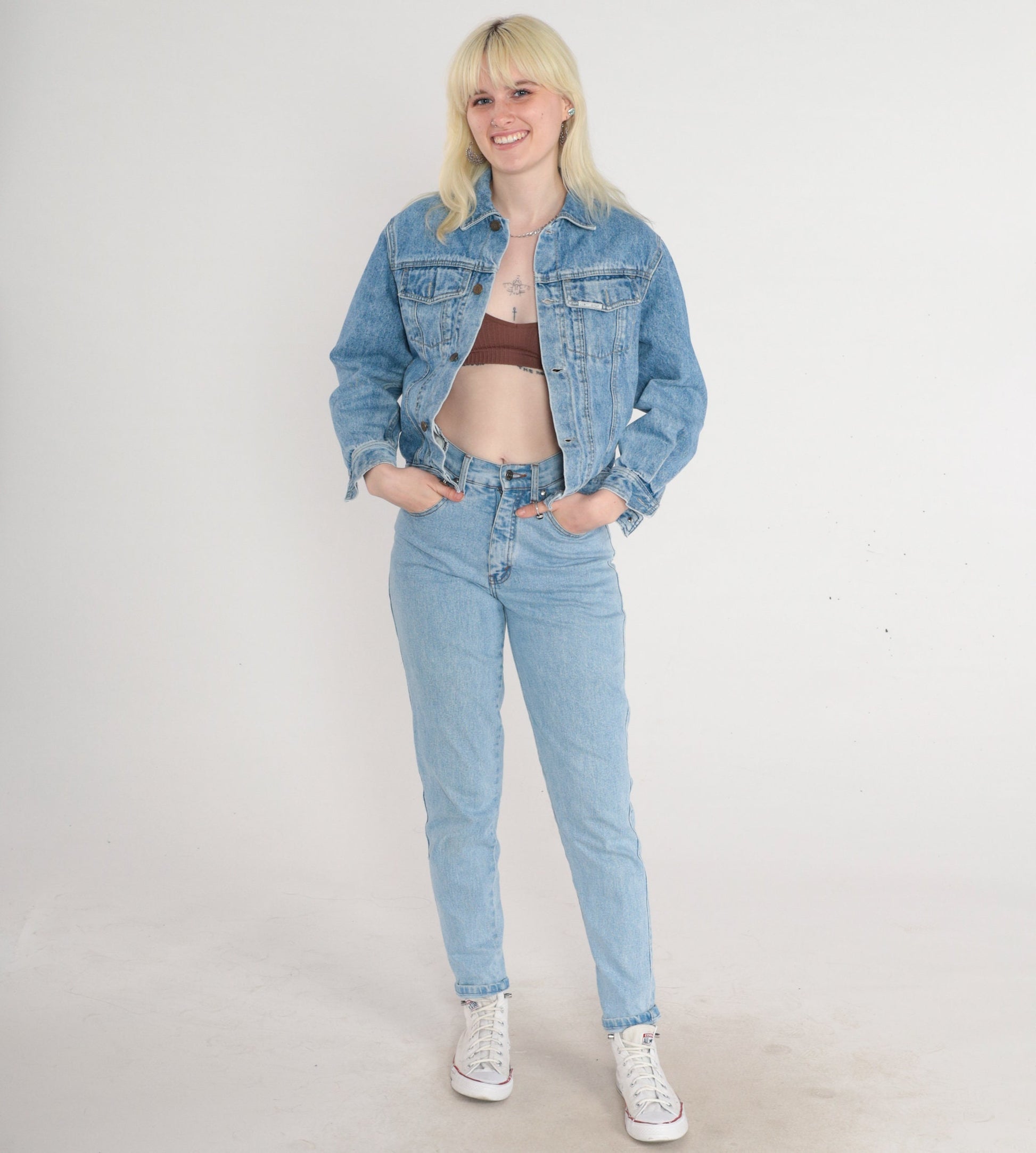 80s Blue Denim Jacket Button-Up Trucker Coat Extra Small XS