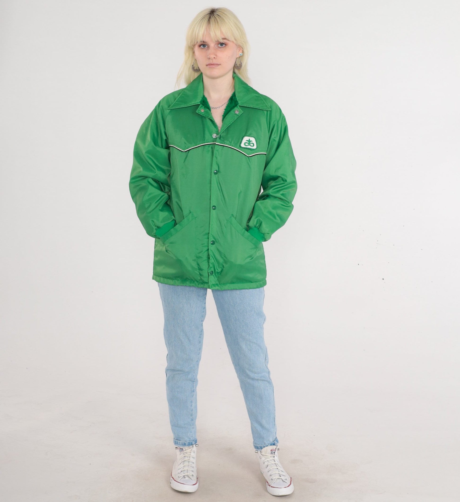 70s Green Windbreaker Jacket Faux Fur Lined Snap Fleur De Lis Medium