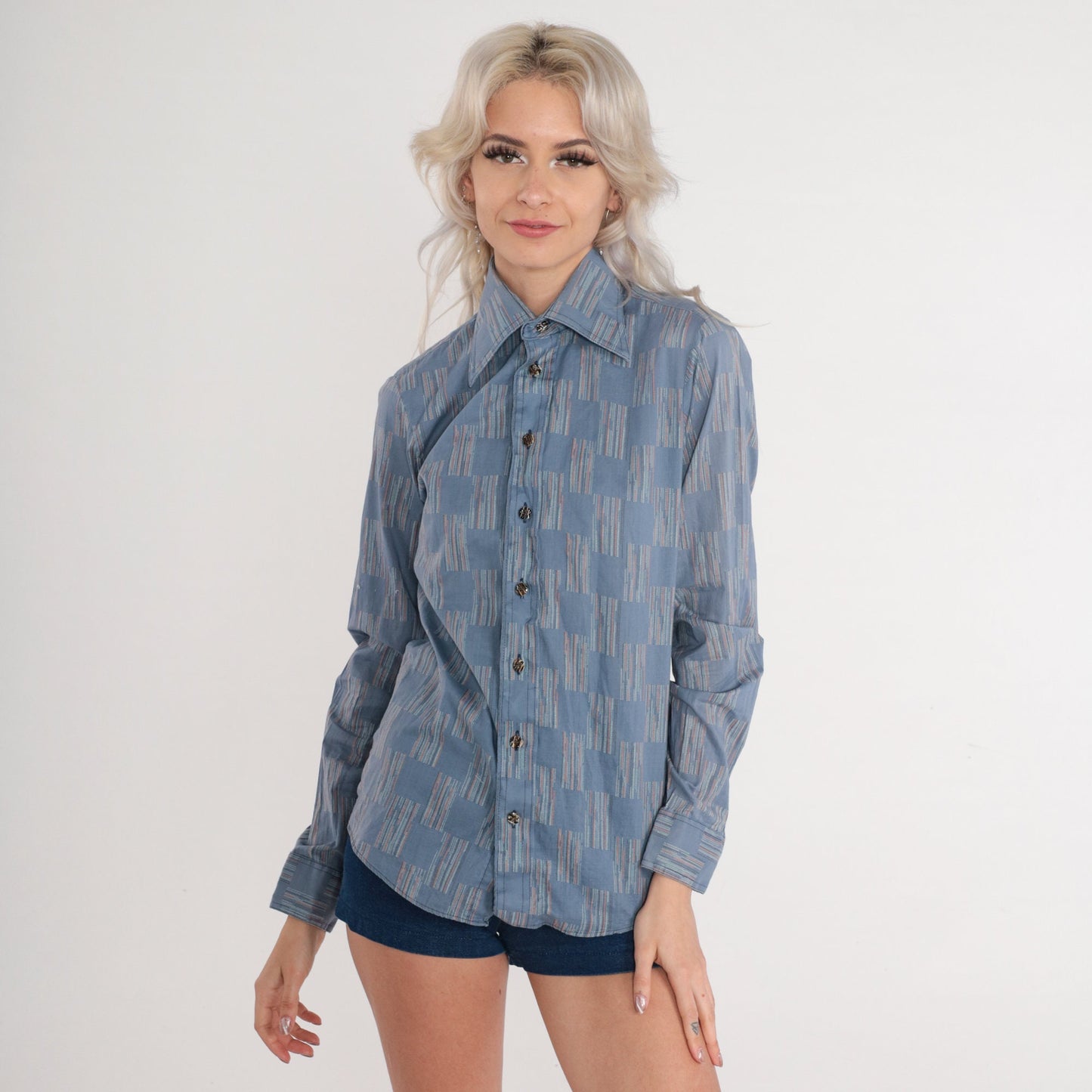 70s Saturdays in California Blue Checkered Button-Up Dagger Collar Shirt XS