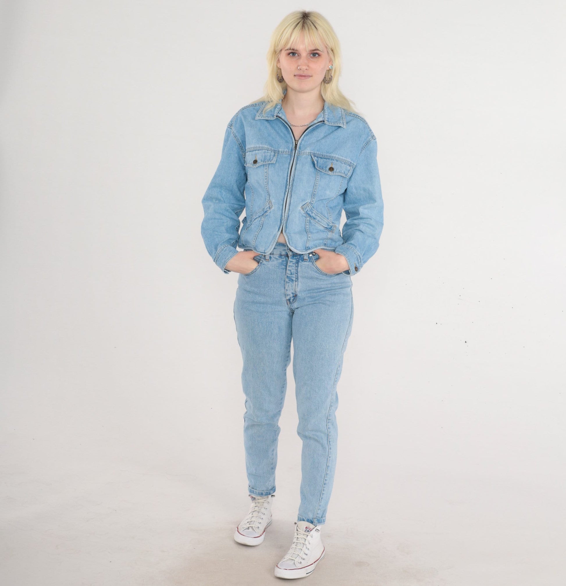 90s Liz Wear Cropped Denim Jacket Blue Zip-Up Medium