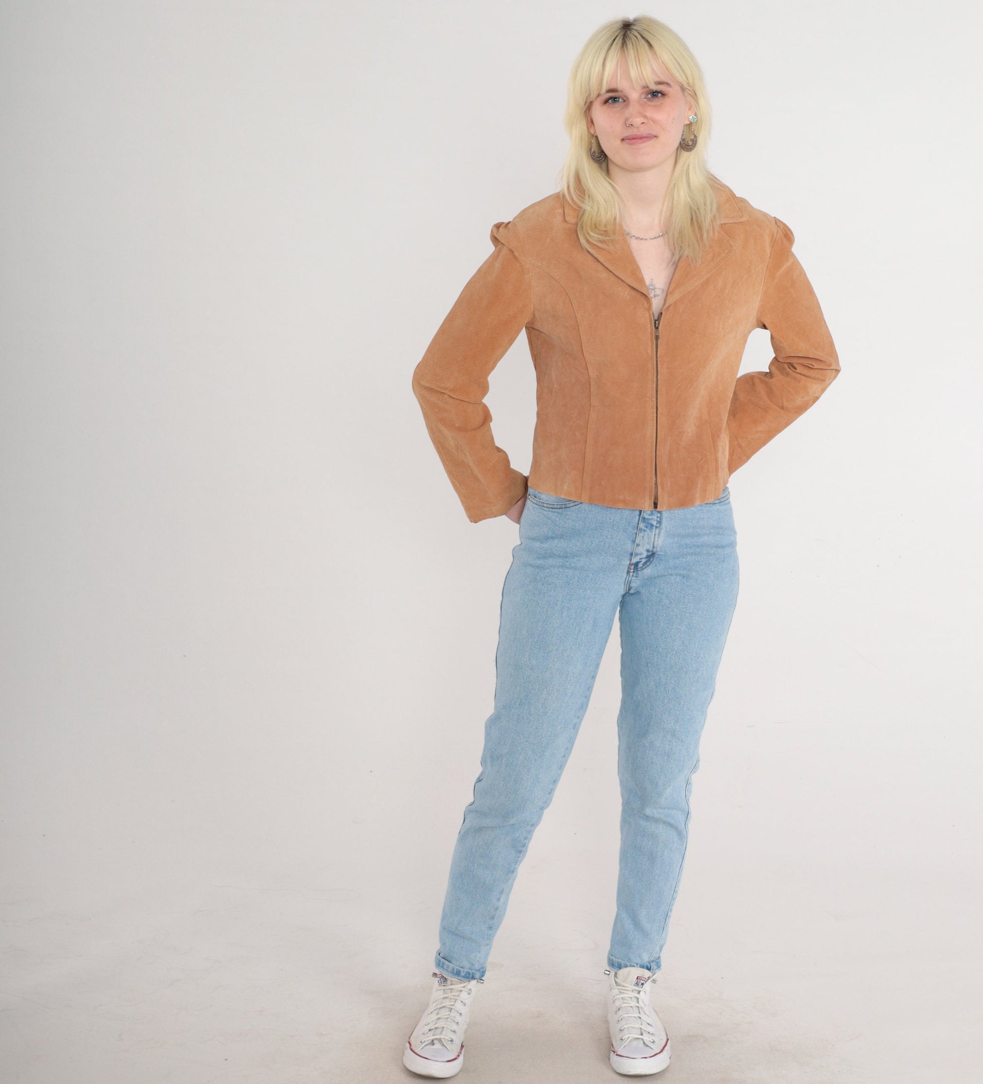 90s Tan Suede Zip Jacket Moto Blazer Leather Small