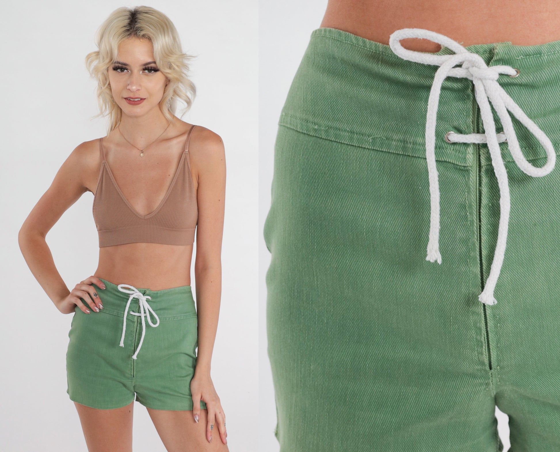70s Green High-Waisted Drawstring Shorts Extra Small XS