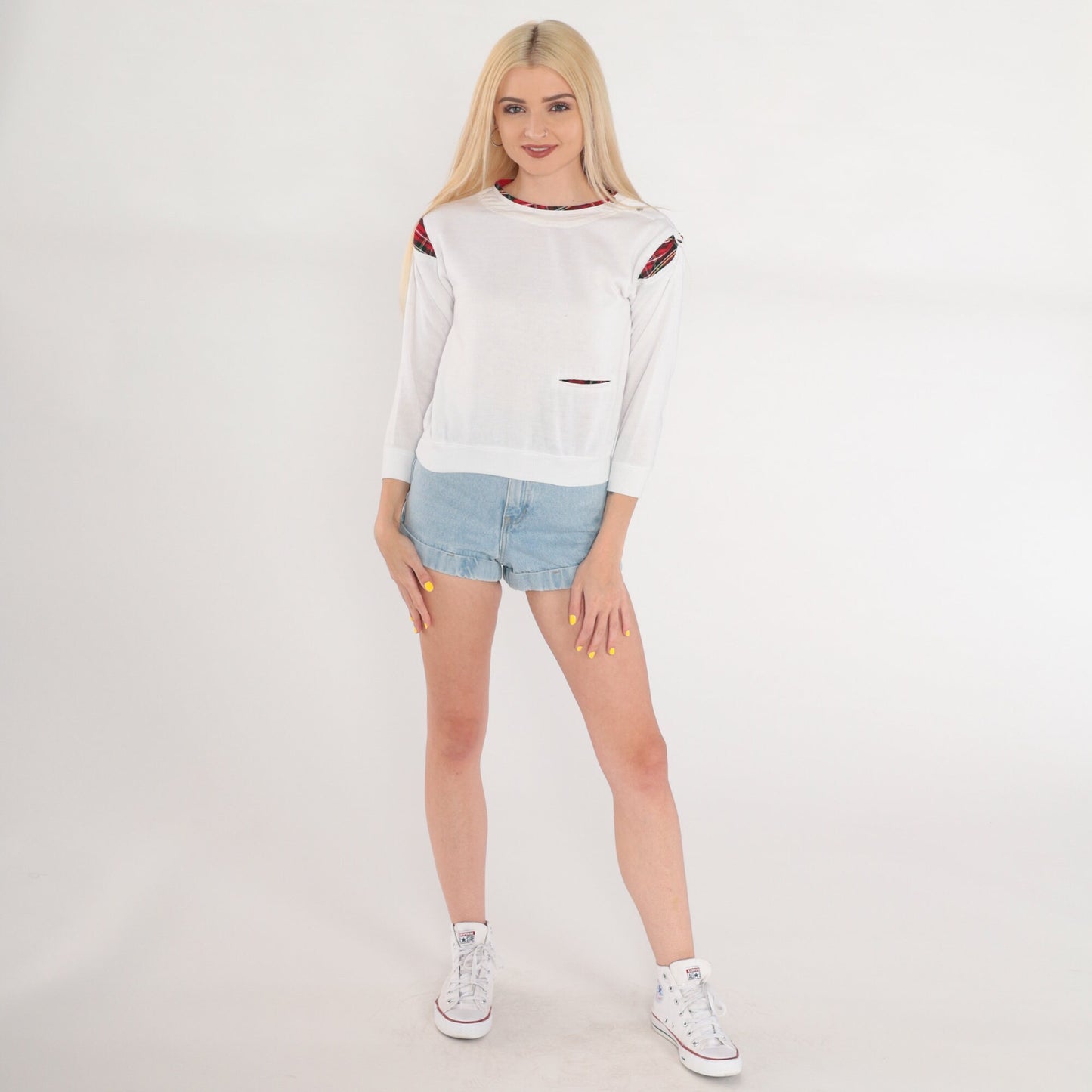90s White Red Plaid Crewneck Sweatshirt Shoulder Snap Long Sleeve Extra Small