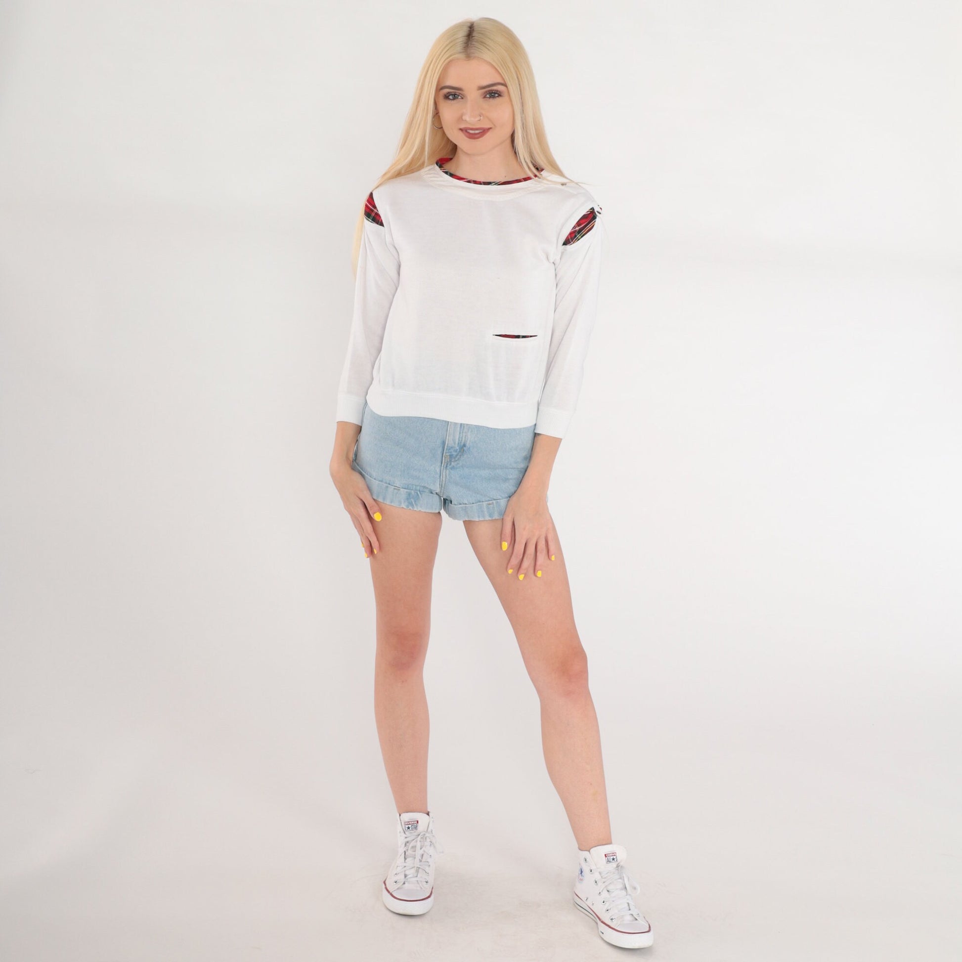90s White Red Plaid Crewneck Sweatshirt Shoulder Snap Long Sleeve Extra Small