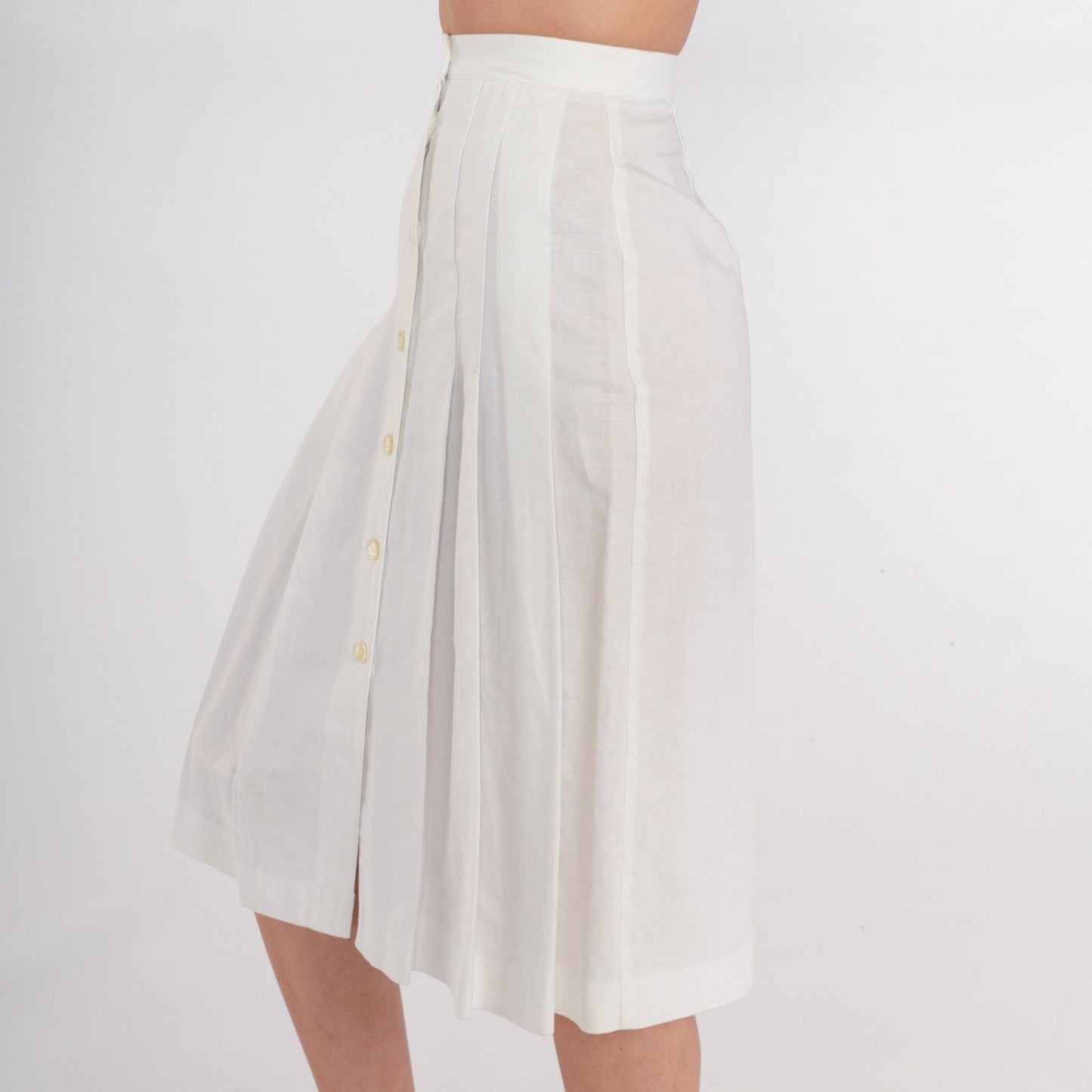 80s White Pleated Midi Skirt High Waisted Button Front XXS