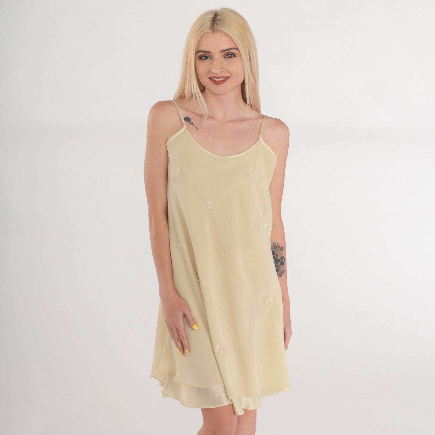 90s Cream Floral Embroidered Slip Dress Mini Spaghetti Strap Layered Large