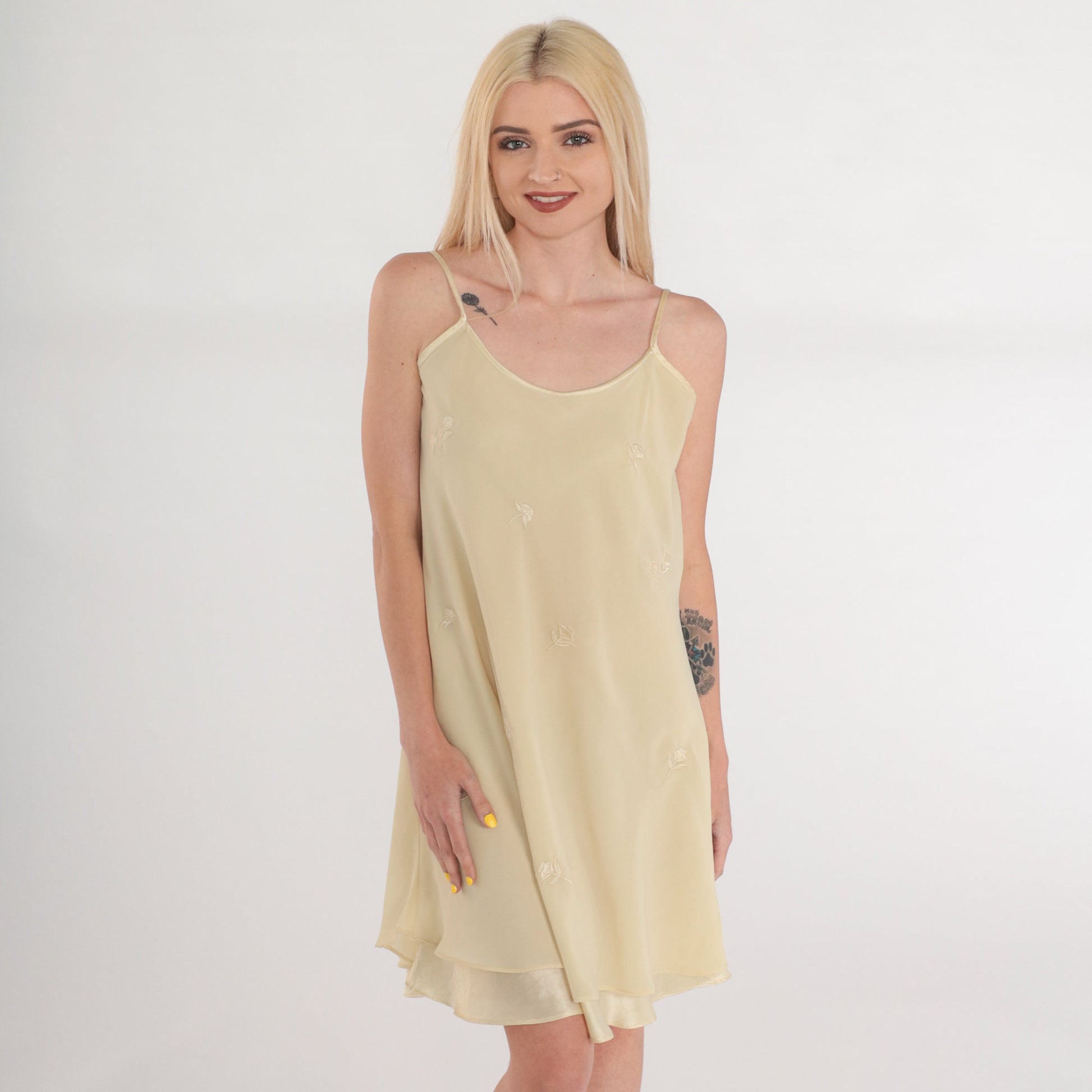 90s Cream Floral Embroidered Slip Dress Mini Spaghetti Strap Layered Large