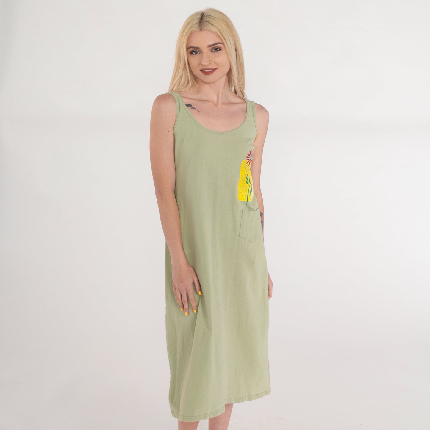 90s Green Floral Midi Sundress Sleeveless Painted Print Pocket Small