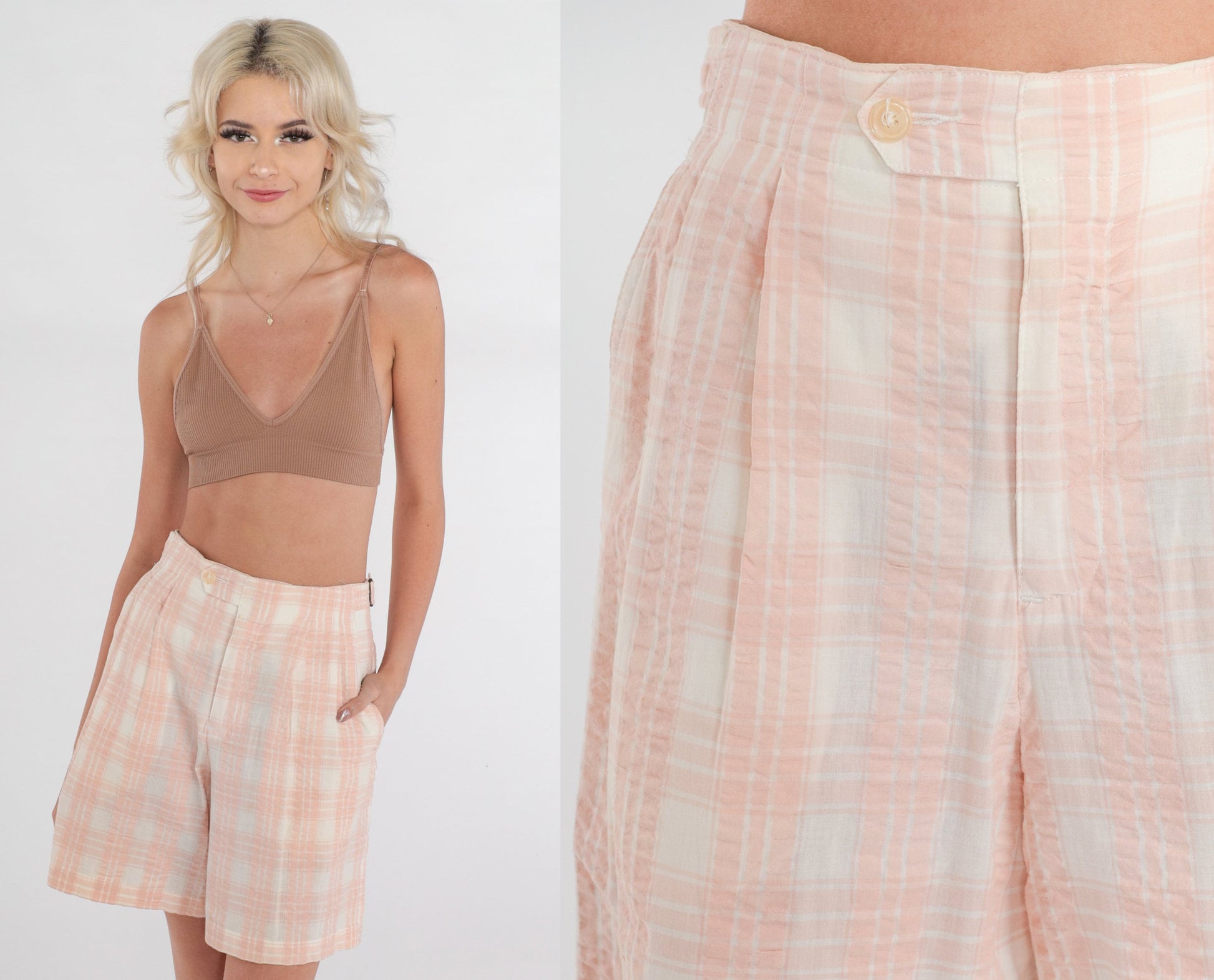90s Liz Claiborne Plaid Pleated Shorts High Waist Cotton Pink Checkered XS