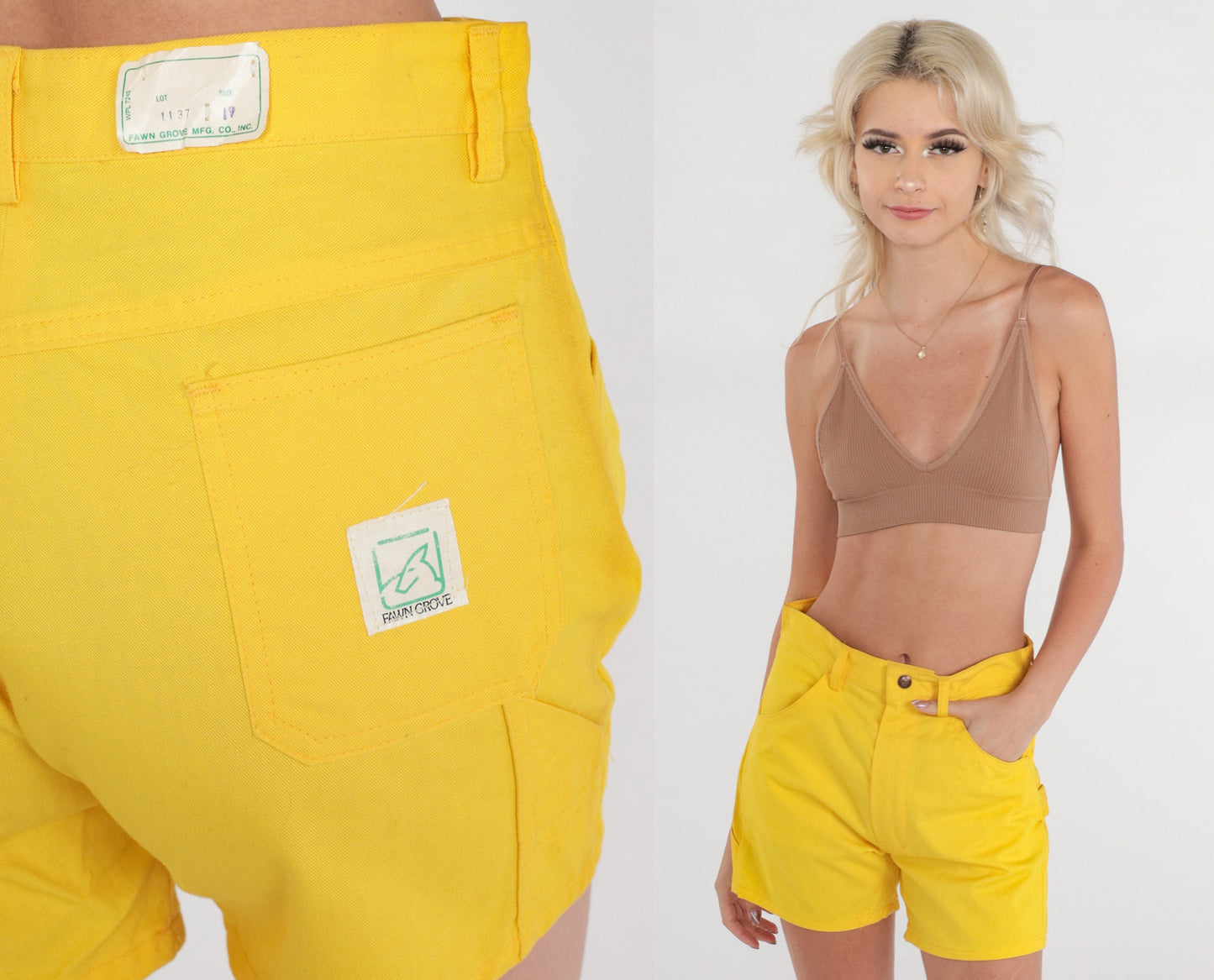 70s Fawn Grove Yellow Cargo Shorts High Rise Cotton Deadstock Small