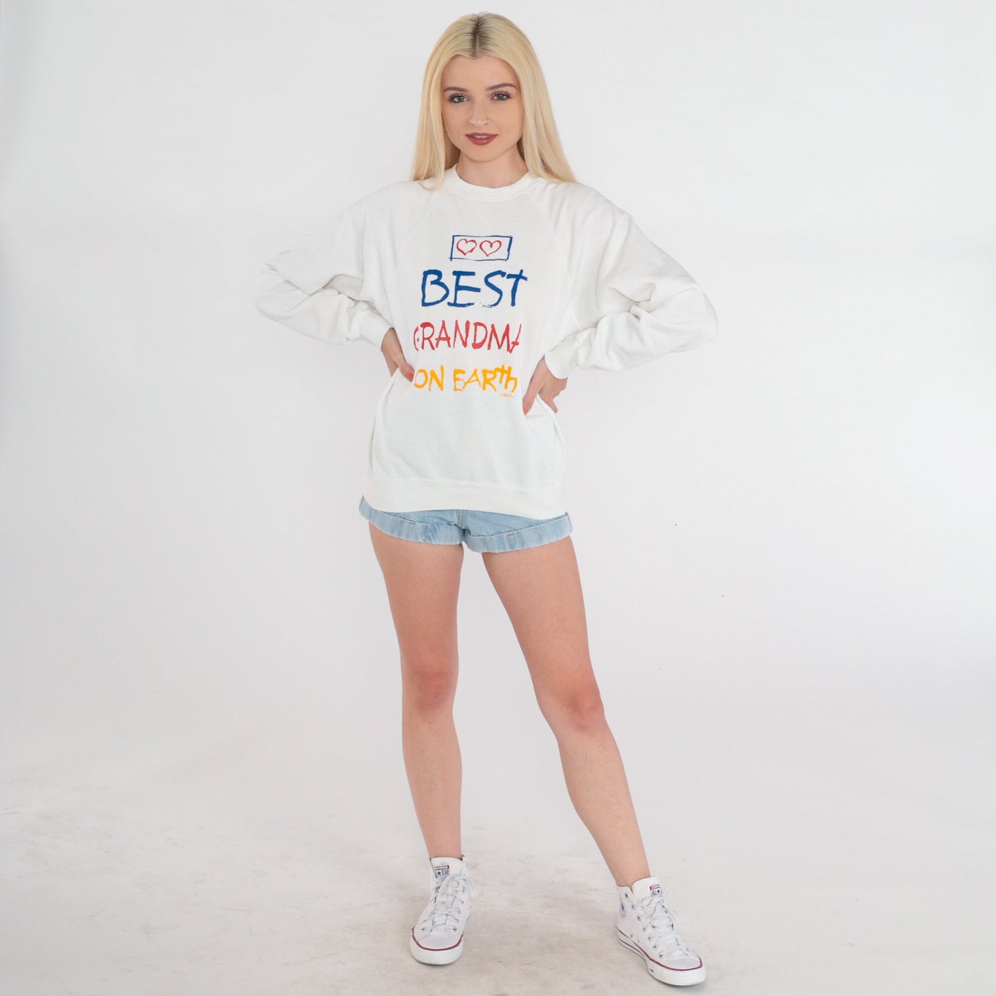 90s Best Grandma On Earth Graphic Sweatshirt White Raglan Small
