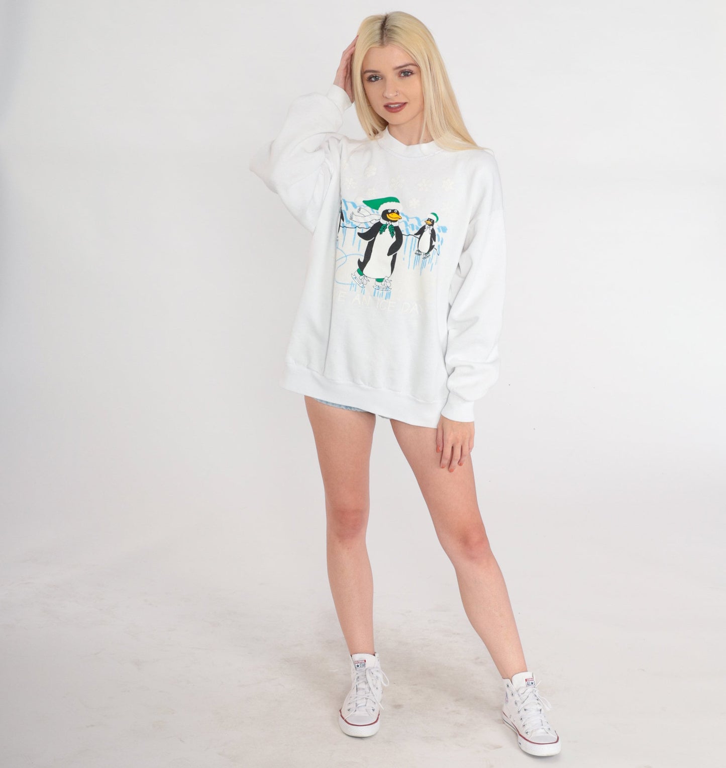 90s Penguin Ice Skating Graphic Sweatshirt White Crewneck Extra Large XL