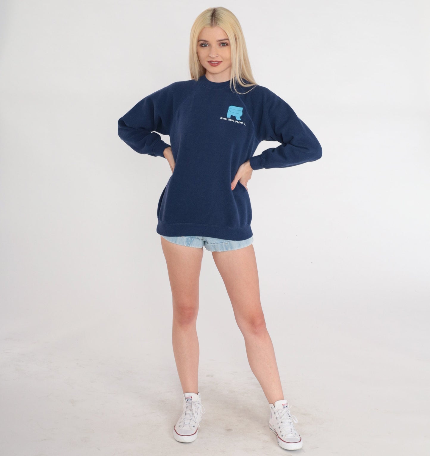 90s Santa Rosa Paper Co Logo Sweatshirt Navy Raglan Crewneck Medium M