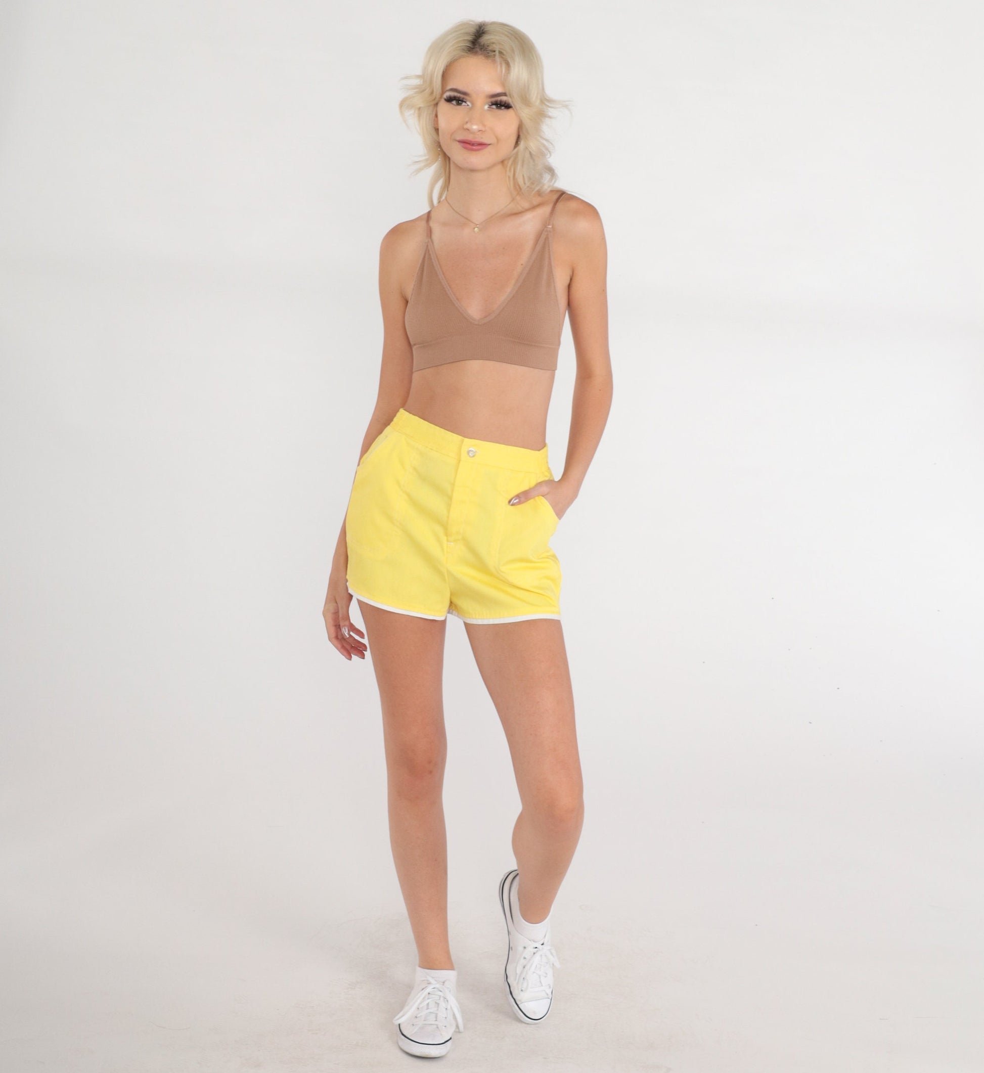 80s Yellow High-Waisted Shorts White Ringer Trim Cotton XS