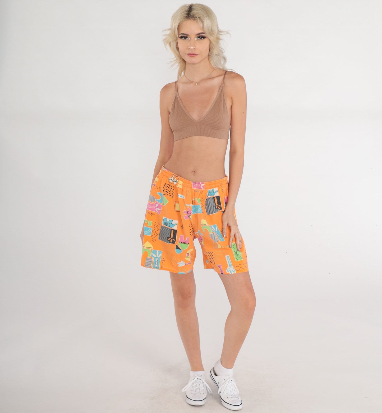 90s Orange Tropical Elephant Print High-Waist Shorts Wide Leg Cotton Medium