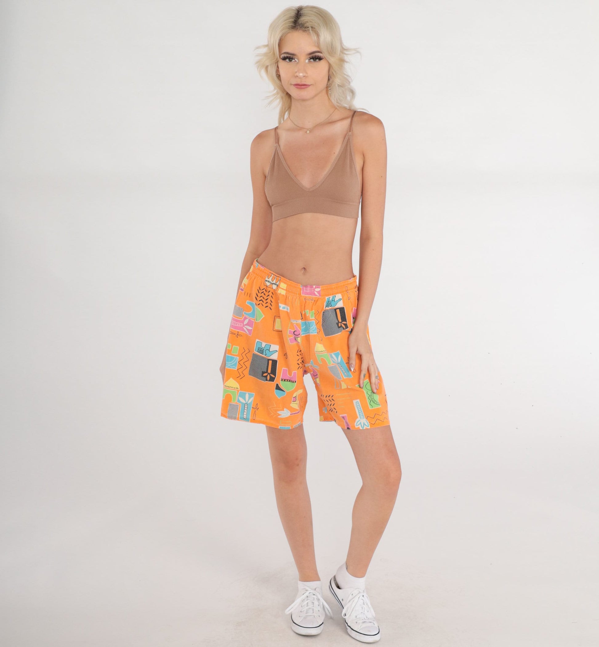 90s Orange Tropical Elephant Print High-Waist Shorts Wide Leg Cotton Medium