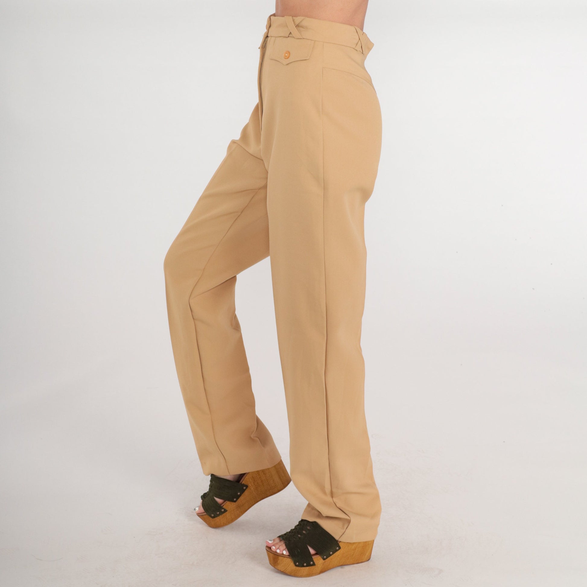 70s Tan High-Waisted Straight Leg Trousers Creased Flaminga Small