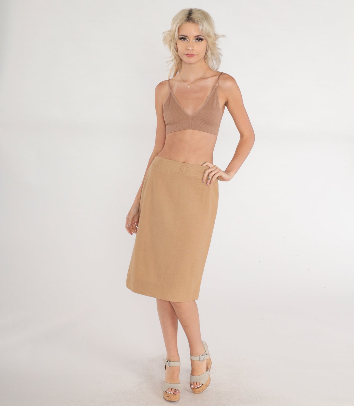 70s Tan Wool Midi Skirt High Waisted Pencil A-Line Small