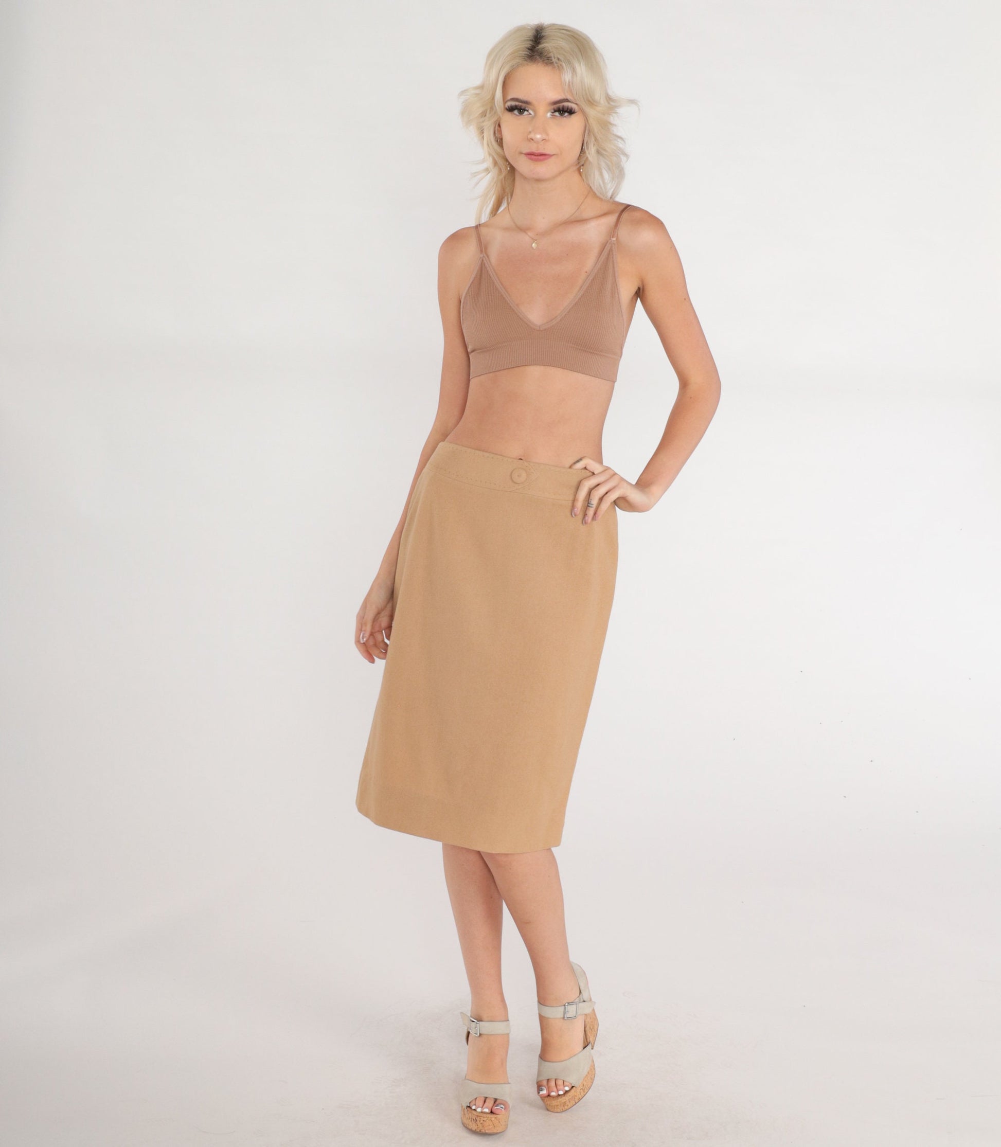 70s Tan Wool Midi Skirt High Waisted Pencil A-Line Small