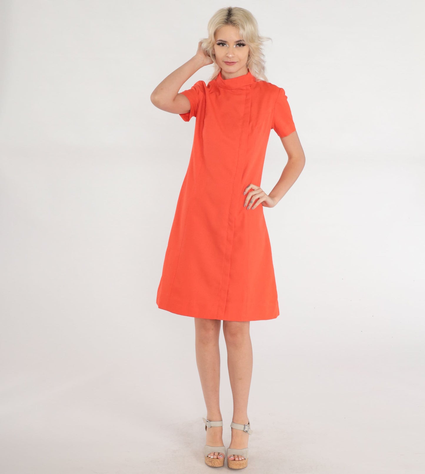 60s Mod Mini Shift Dress Mock Neck Navy Blue Short Sleeve Small