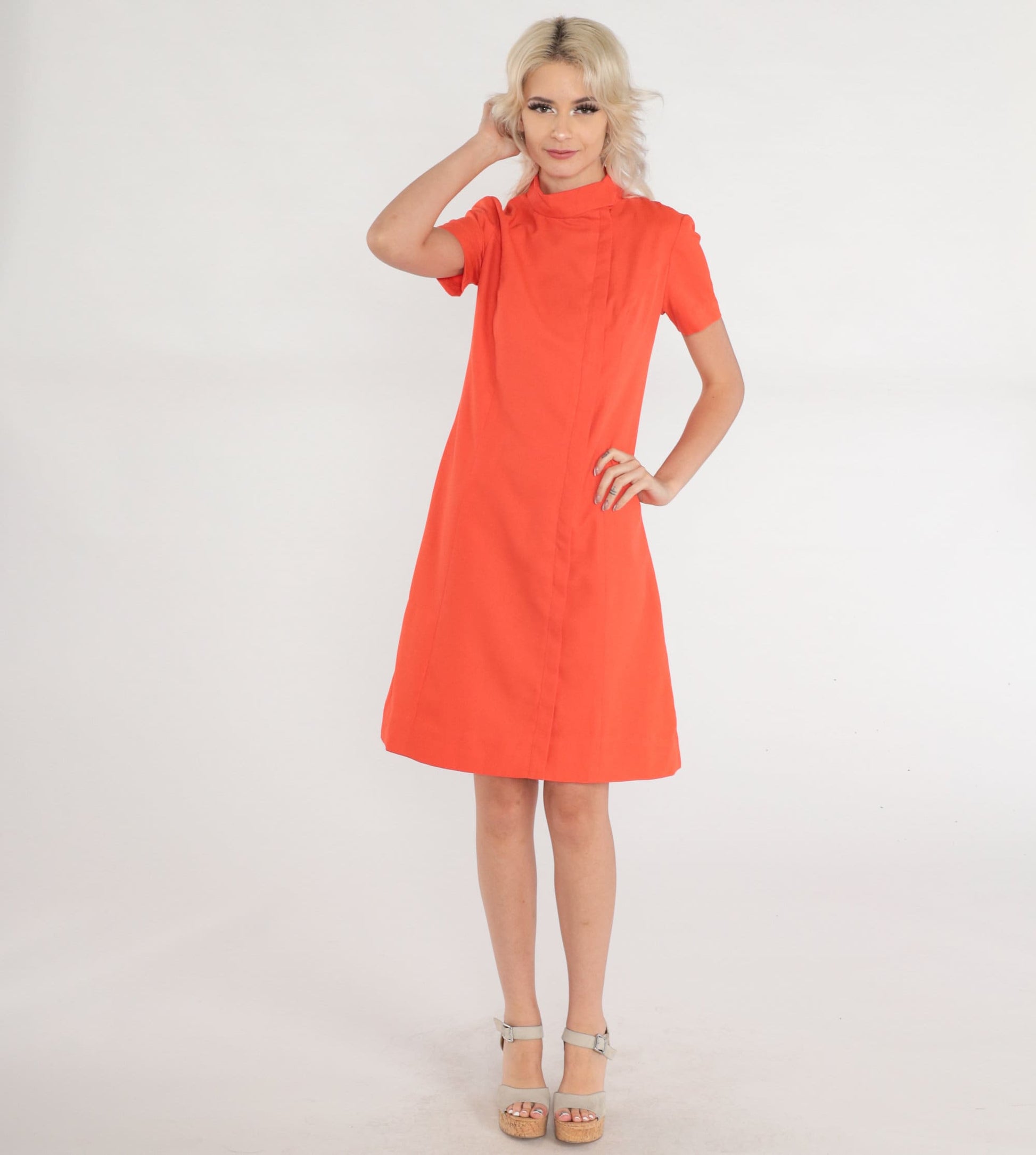 60s Mod Mini Shift Dress Mock Neck Navy Blue Short Sleeve Small