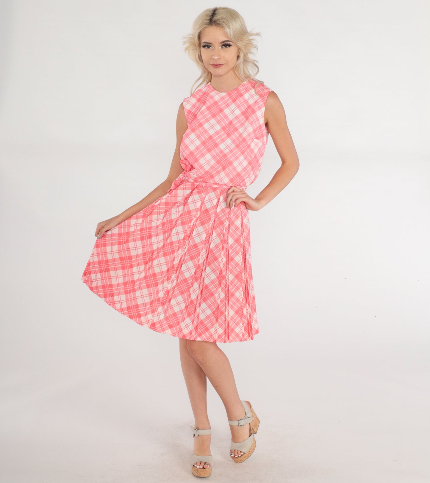 60s Pink Plaid Mini Dress Sleeveless High Waist Pleated Sundress Extra Small