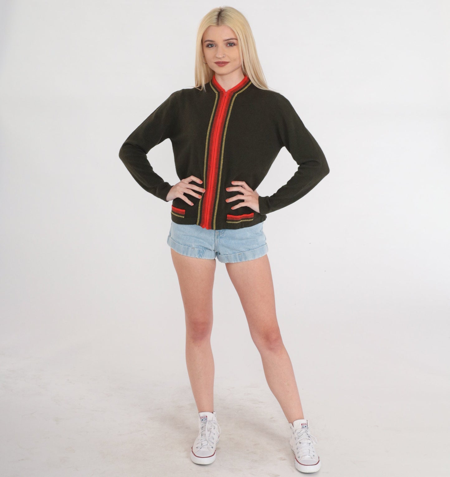 80s Olive Green Wool Cardigan Red Trim Zip Up Sweater Small S