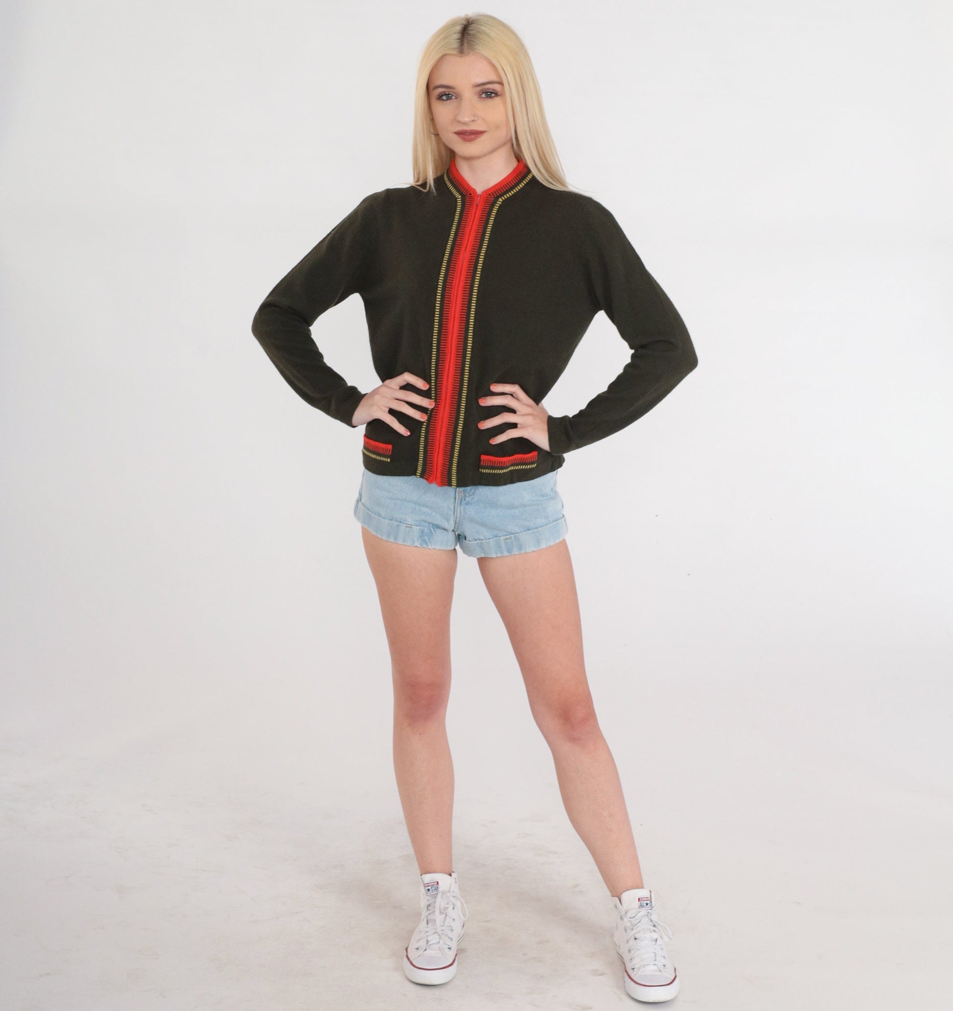 80s Olive Green Wool Cardigan Red Trim Zip Up Sweater Small S