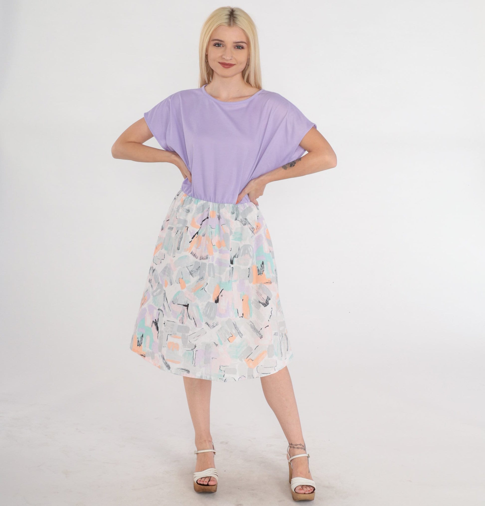 80s Purple Midi Dress Abstract Brushstroke Print High Waist Short Sleeve Medium