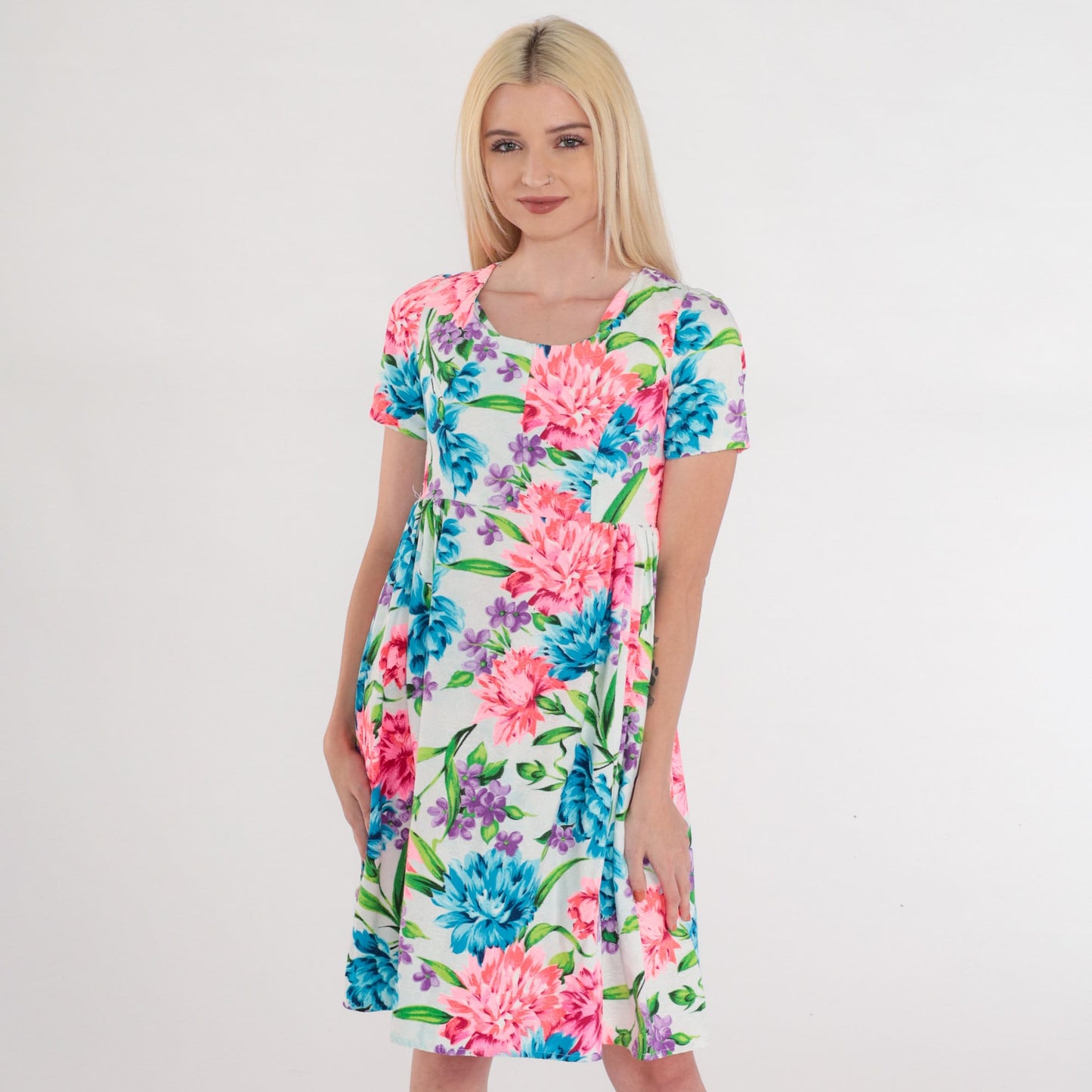 70s Floral Mini Dress White Empire Waist Short Sleeve Babydoll XXS