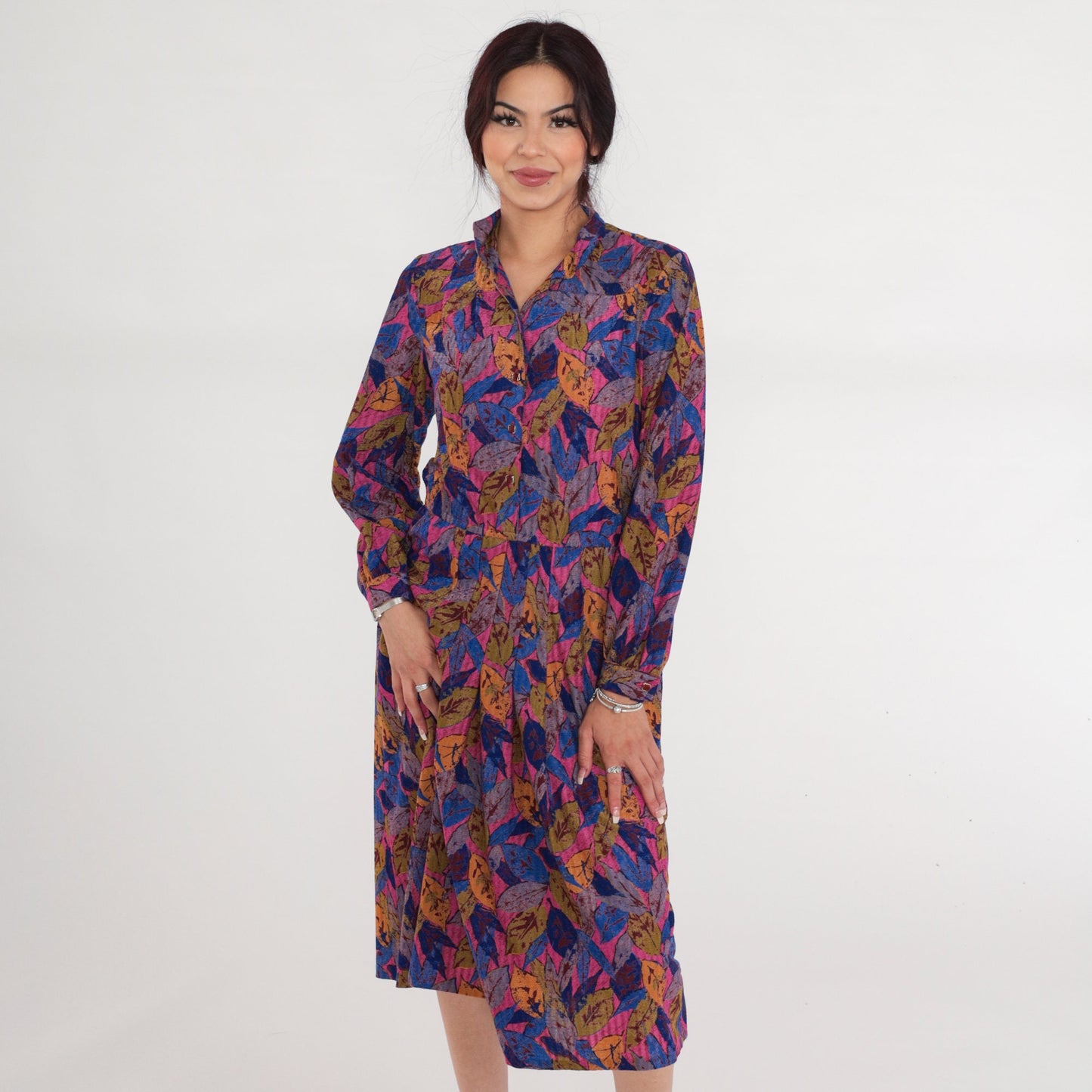 90s Leaf Print Midi Shirtwaist Dress Collared Button-Up Pink Blue Green Medium