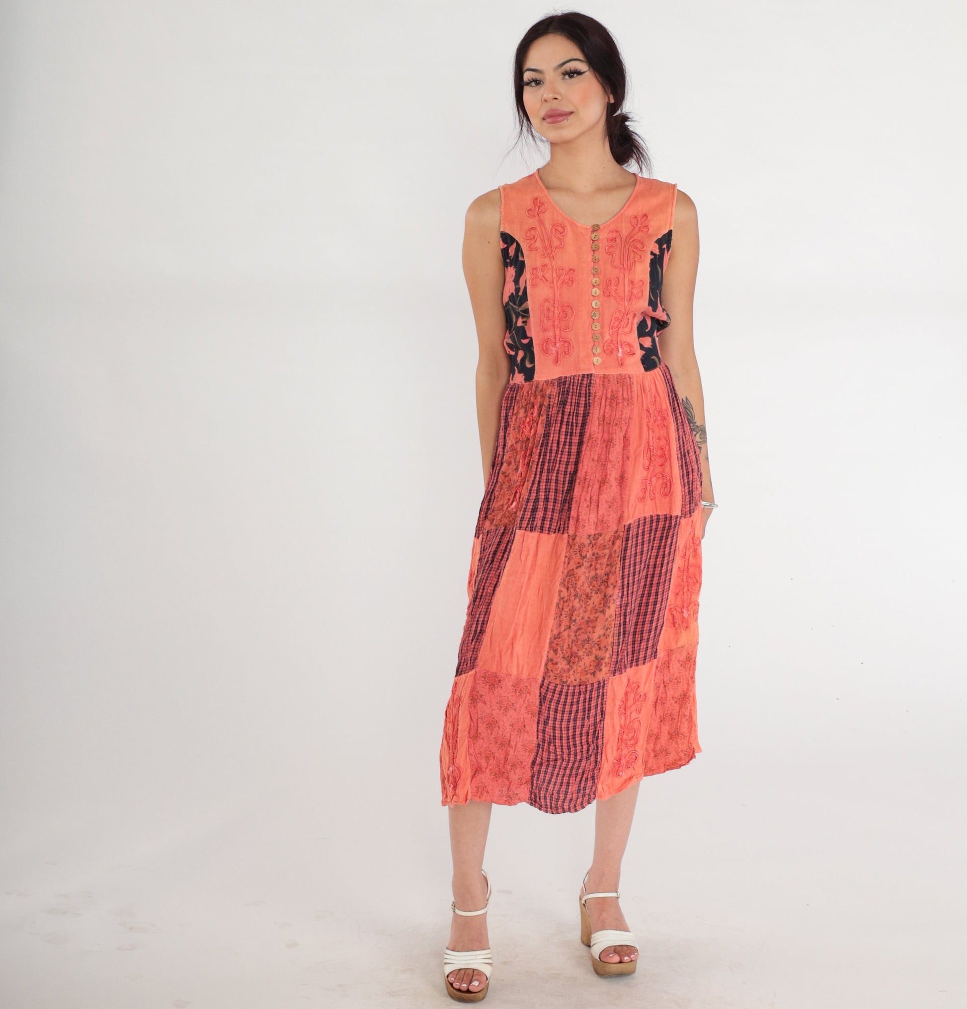 90s Indian Embroidered Patchwork Midi Dress Floral Plaid Rayon Sleeveless Medium