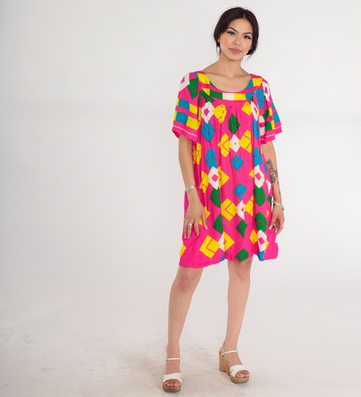 70s Pink Geometric Diamond Print Mini Dress Tent Cut Short Sleeve Large
