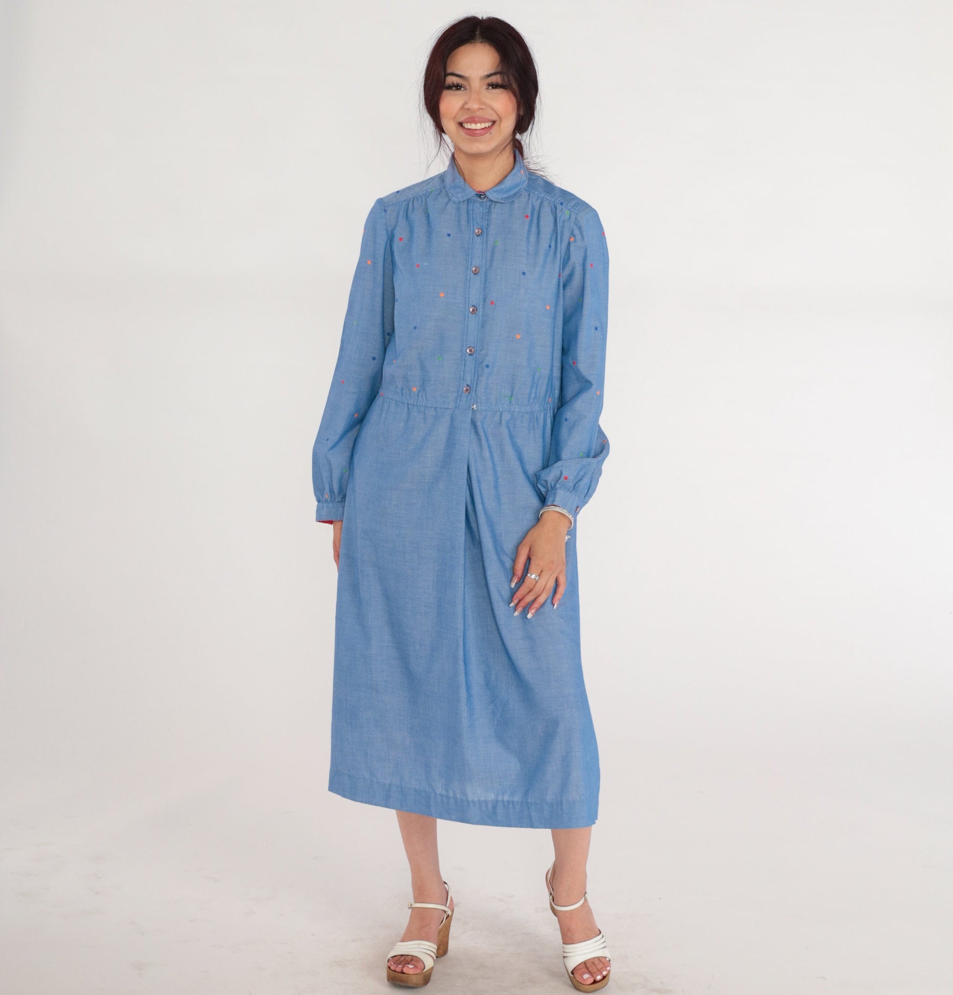 70s Blue Chambray Polka Dot Midi Dress Peter Pan Collar High Waisted Medium Large