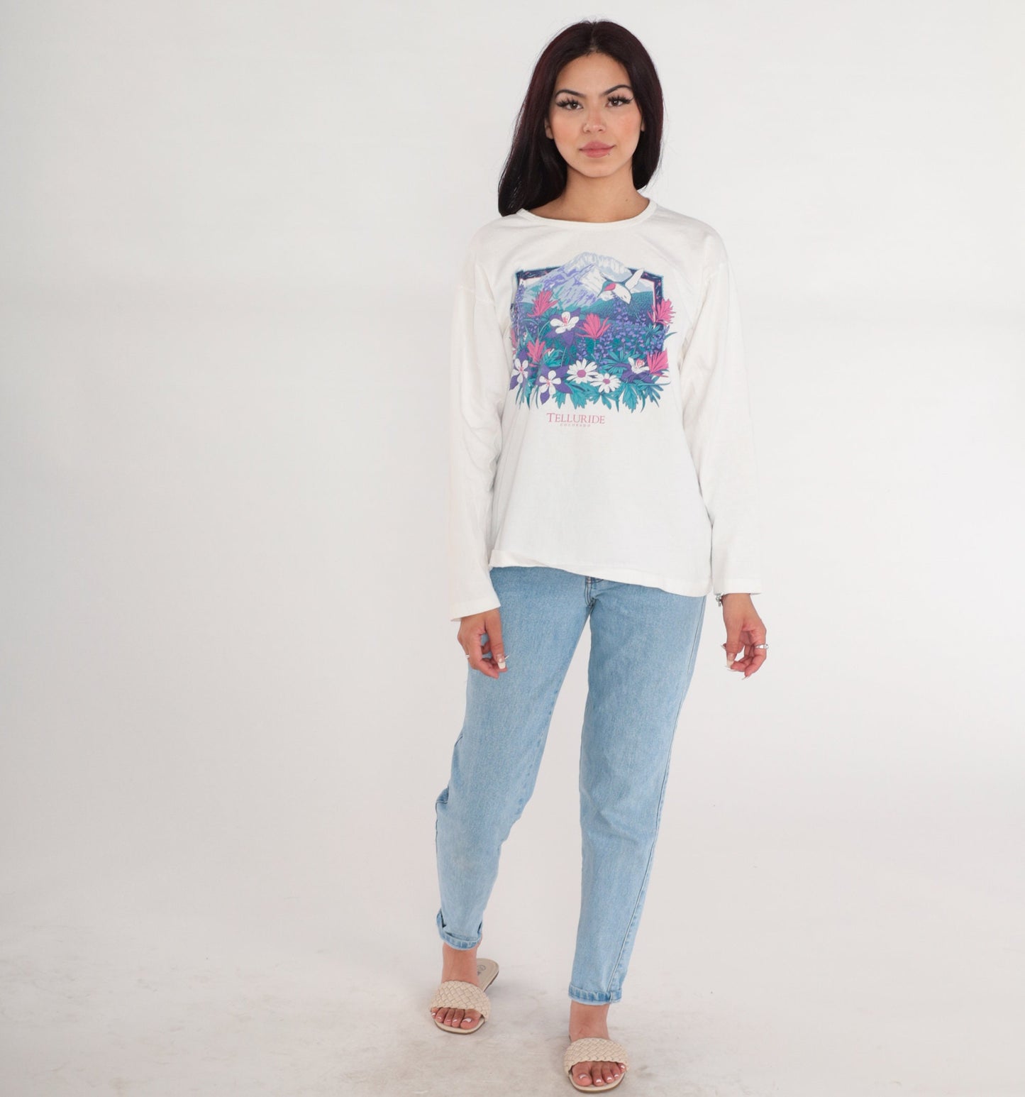 90s Telluride Hummingbird Columbine Graphic Long Sleeve Tee White Large L