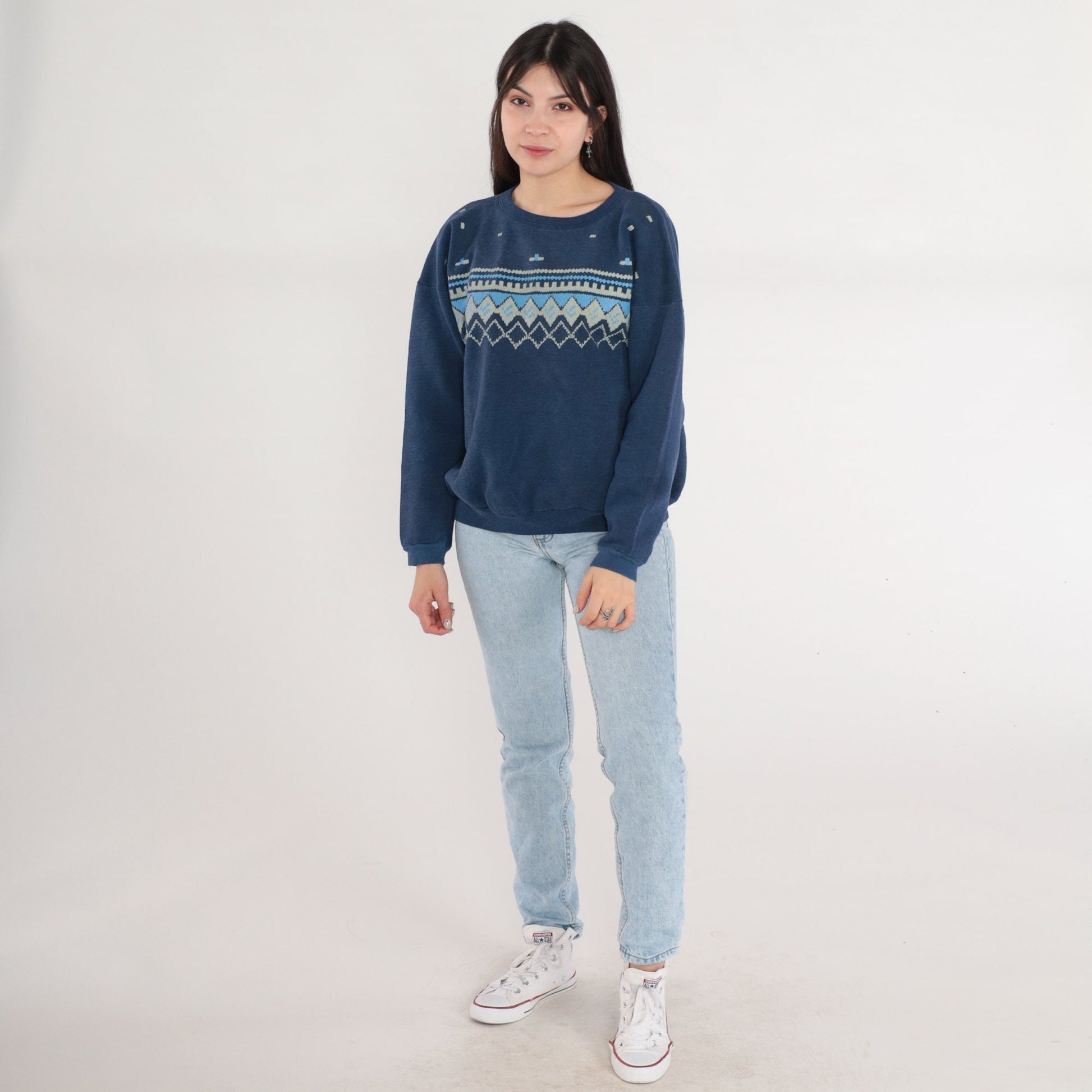 90s Navy Geometric Diamond Print Crewneck Sweatshirt Medium Large