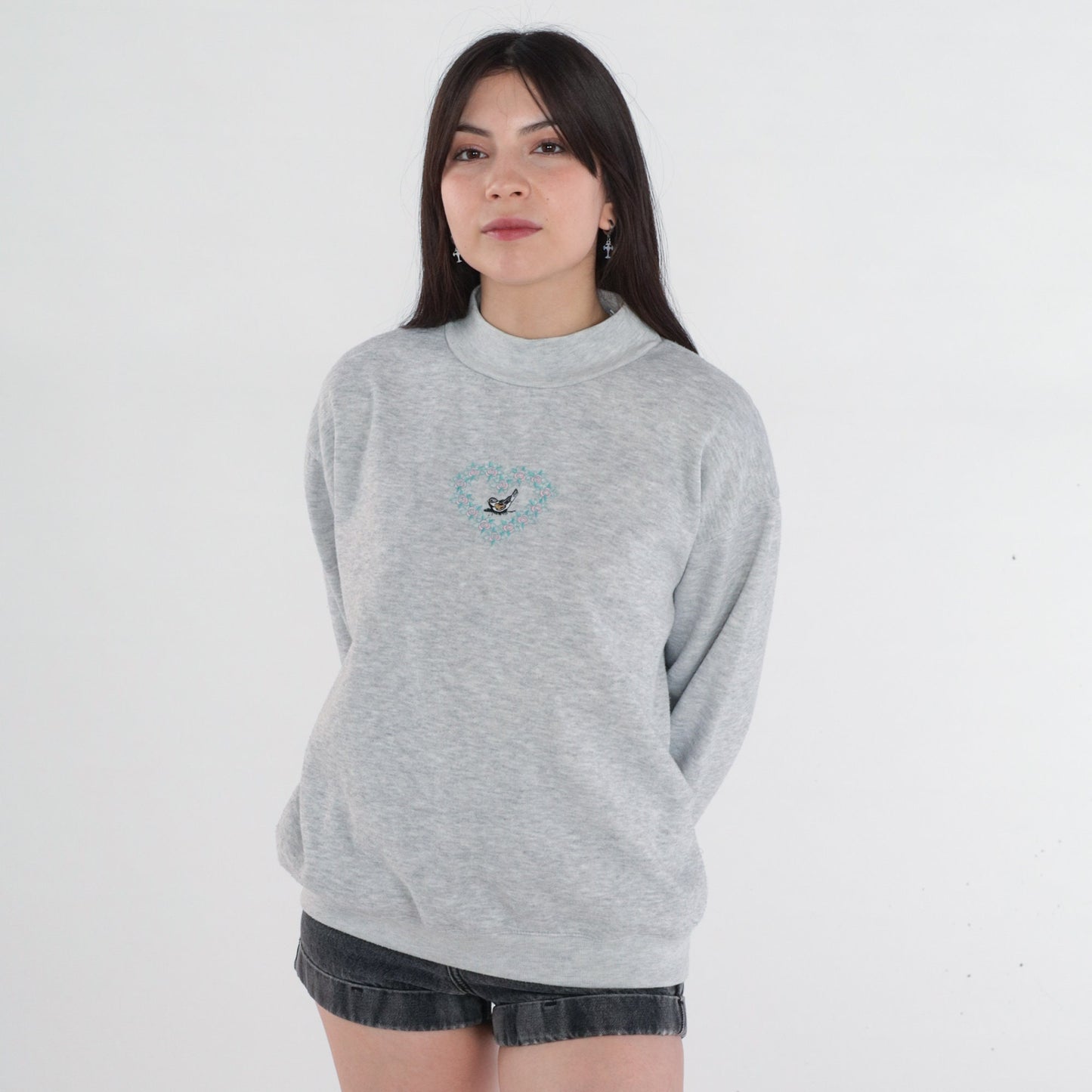 90s Bird Embroidered Sweatshirt Grey Floral Heart Mock Neck Medium