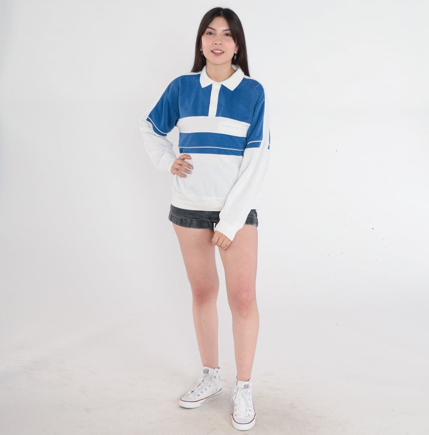 90s Polo Colour Block Striped Sweatshirt White Blue Button Pullover Medium