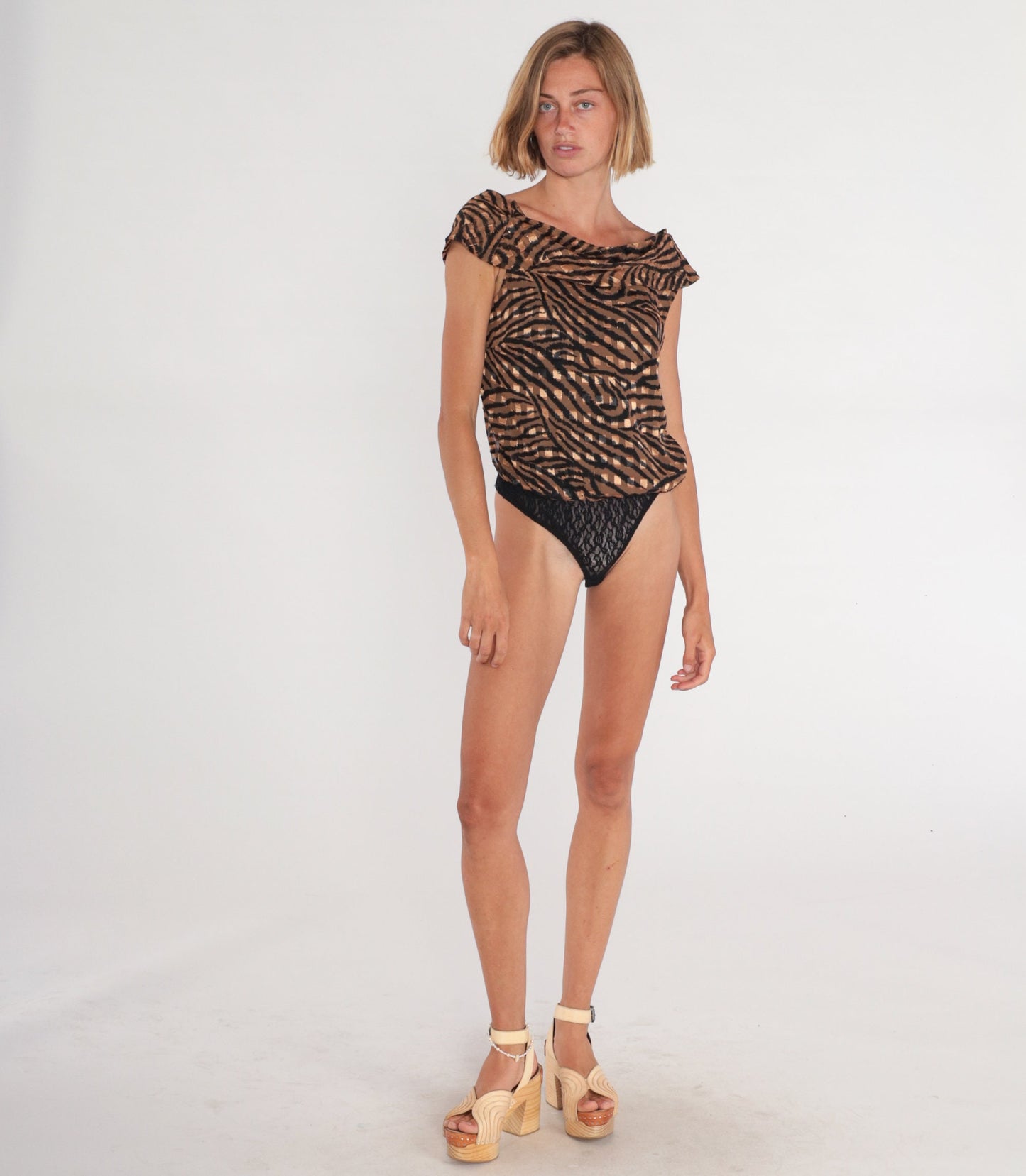 90s Checkered Tiger Print Bodysuit Cowl Neck Short Sleeve Medium M