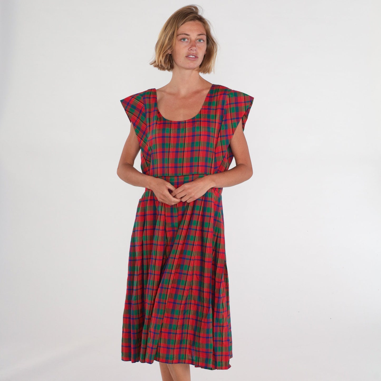 80s Red Green Plaid Pinafore Midi Dress High Waist Cap Sleeve Extra Large XXL