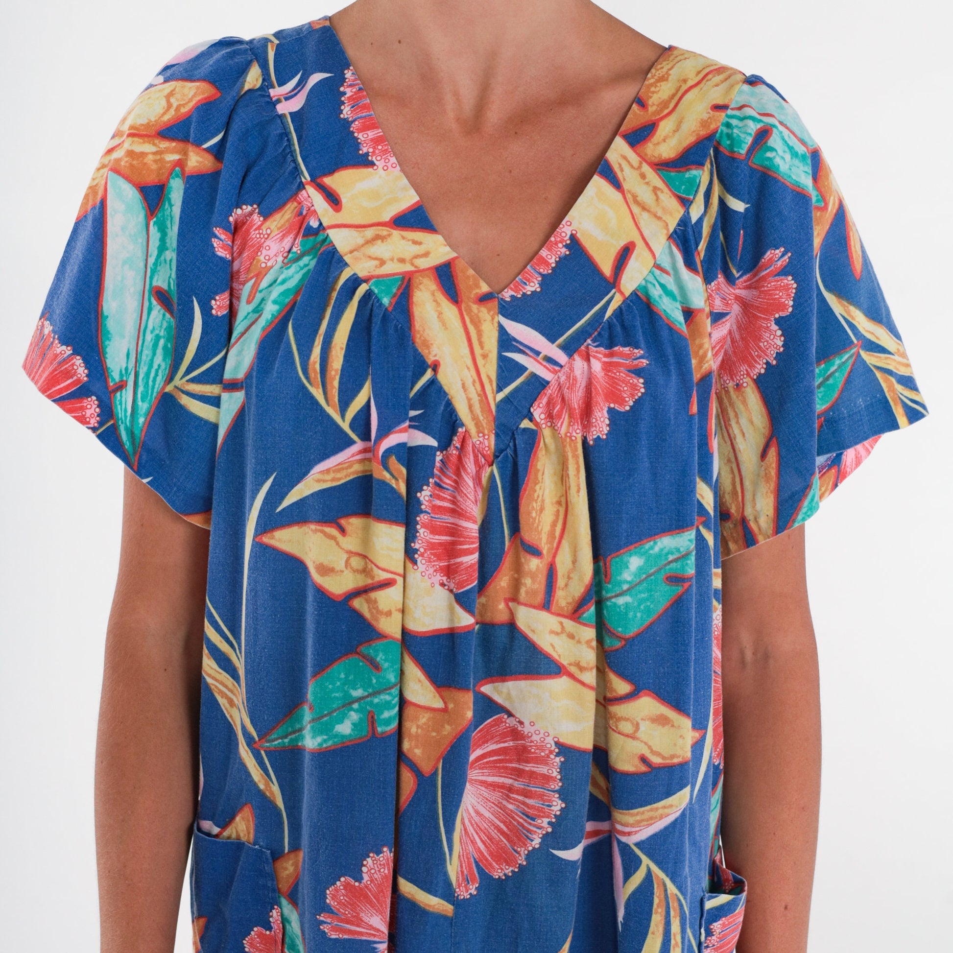 80s Hawaiian Tent Dress Blue Tropical Floral Midi Short Sleeve Extra Large
