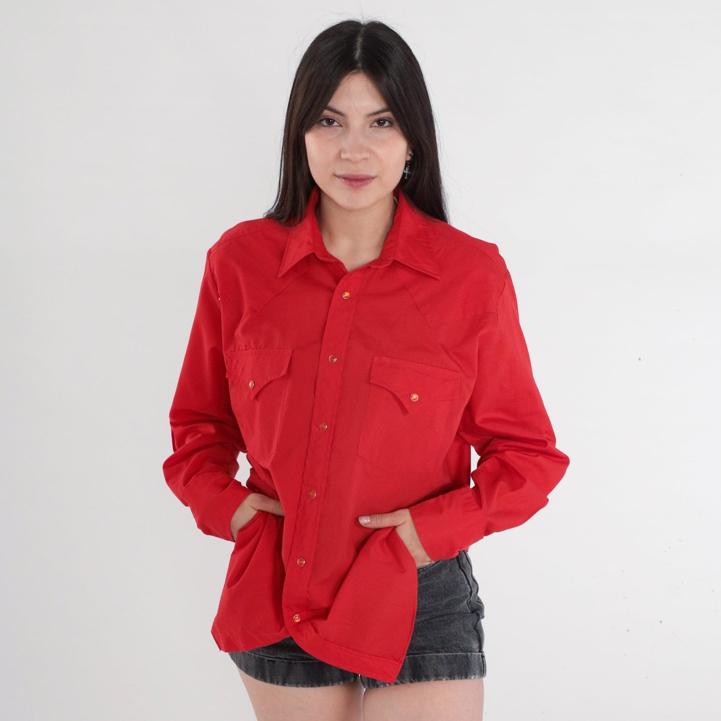 80s Ely Cattleman Western Pearl Snap Shirt Red Long Sleeve Men's Medium