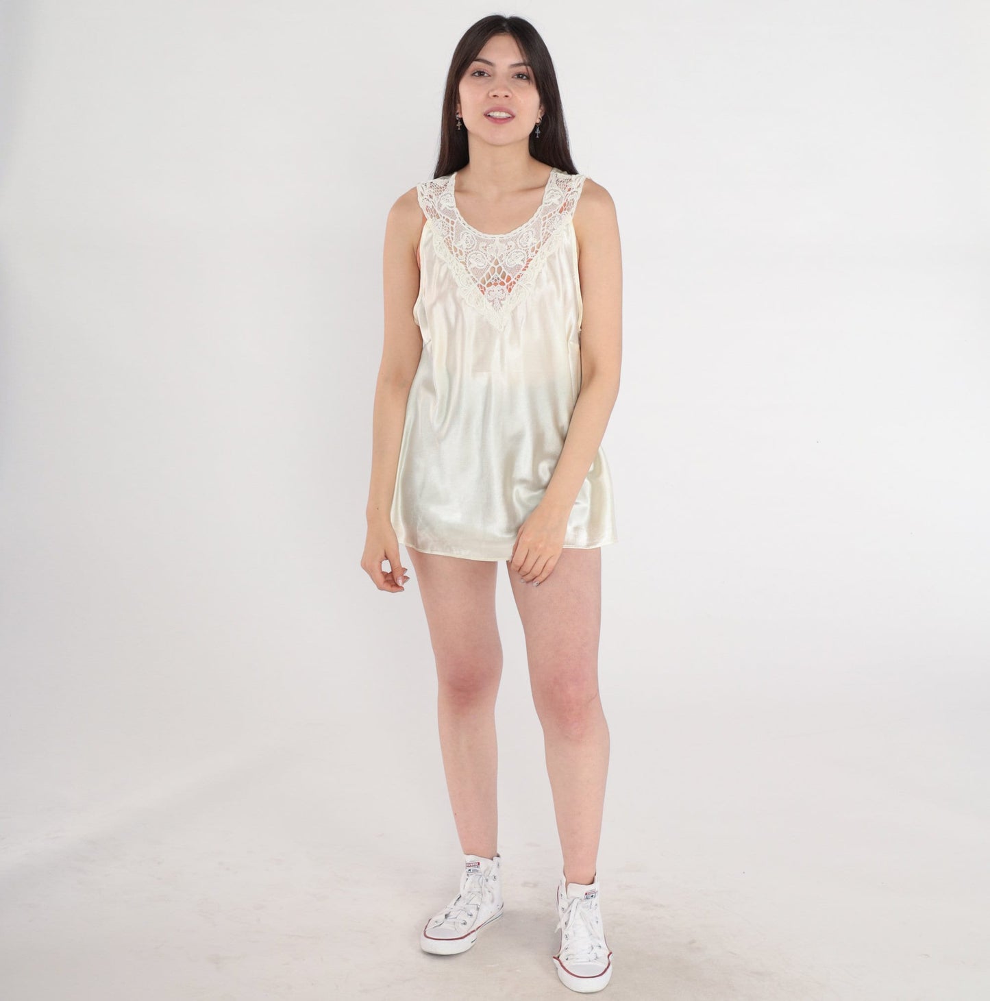 90s White Satin Camisole Tank Top with Crochet Lace Trim Large L